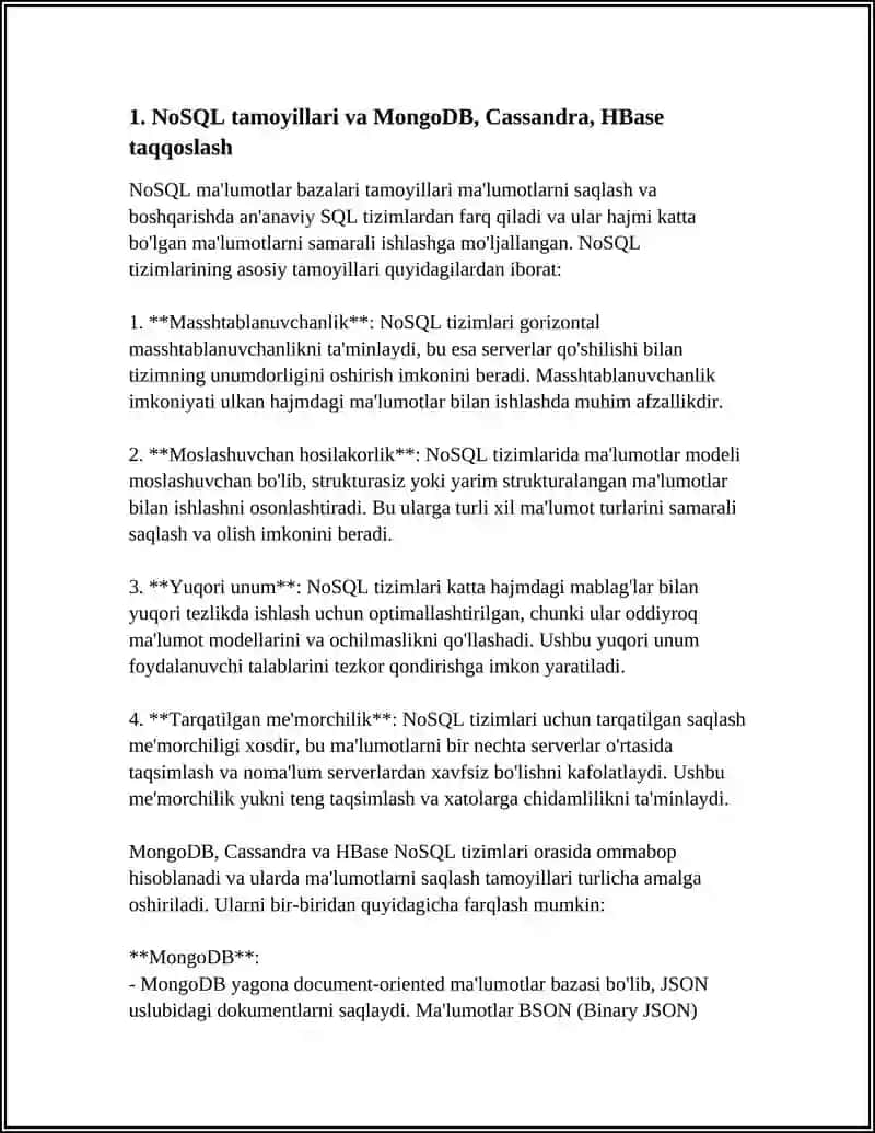 KATTA HAJMDAGI MA'LUMOTLARNI SAQLASH TEXNOLOGIYALARI:NOSQL (MONGODB,CASSANDRA,HBASE) 3