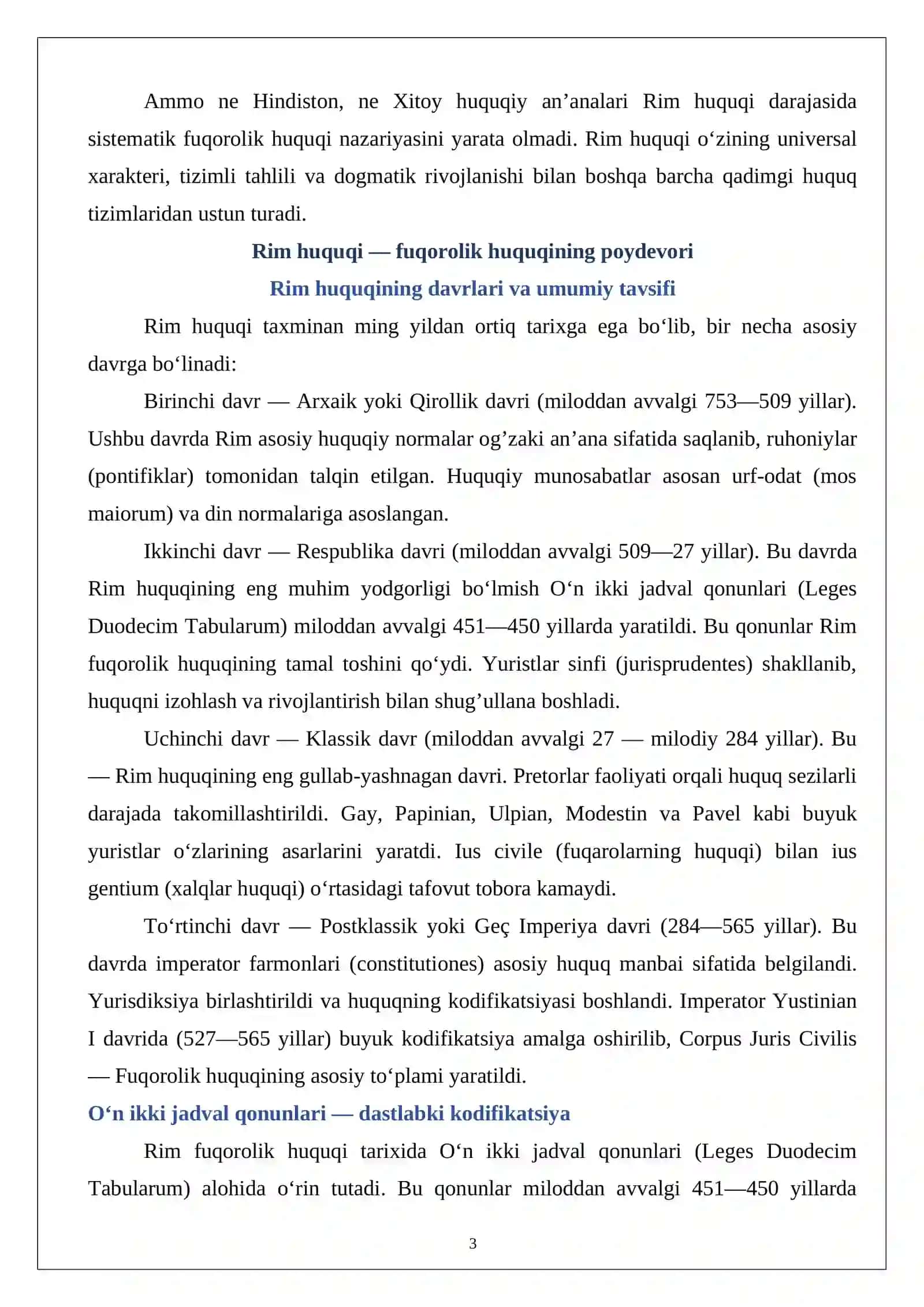 Fuqorolik huquqi tarixi. Rim huquqida fuqorolik huquqining o‘rni esse 3