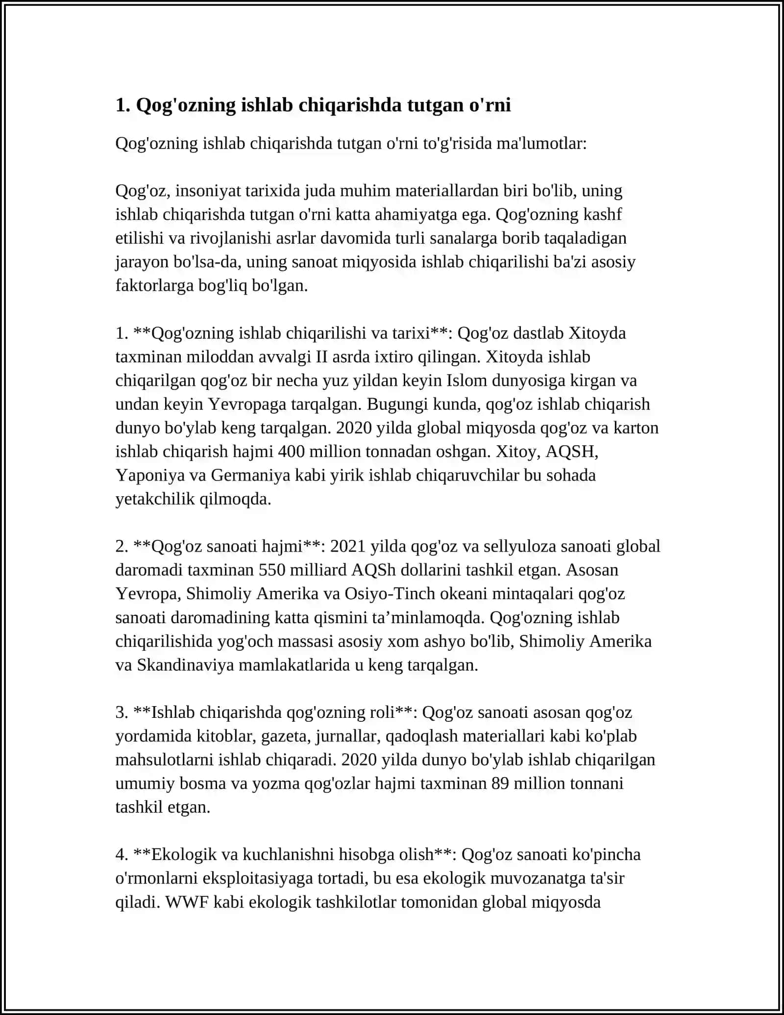 Qog'ozning Ishlab Chiqarishdagi O'rni 3