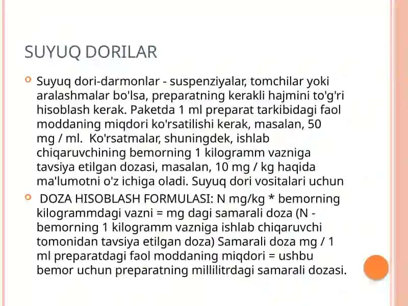 Dori vositalari yuborish dozalarni hisoblash usullari 3