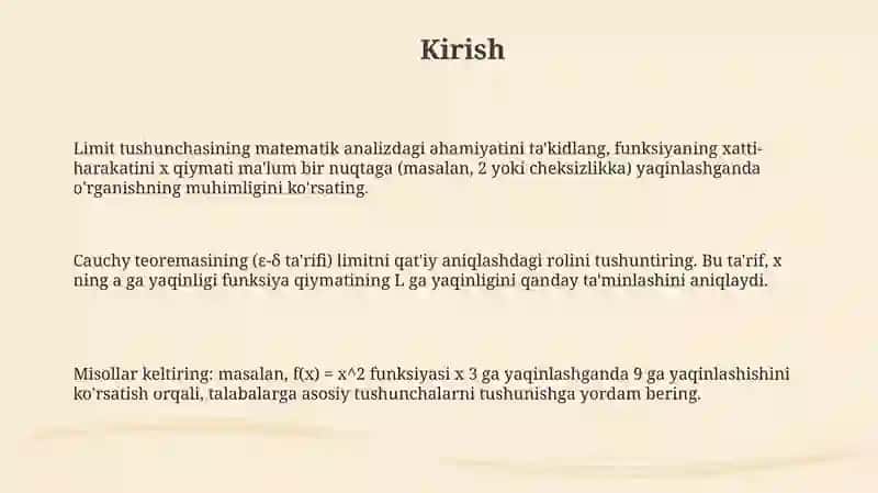 Tarif bòyicha berilgan son berilgan funksiyaning limit ekanligini kòrsatish koshe teoremalari bilan 3