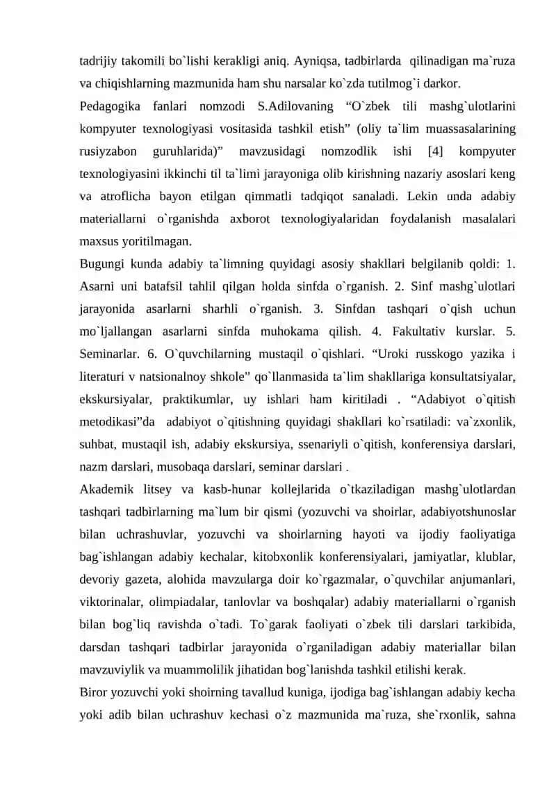 Darsdan tashqari ishlar jarayonida o`zbek adabiyoti materiallarini o`rganish shakllari, vositalari va metodlari 3