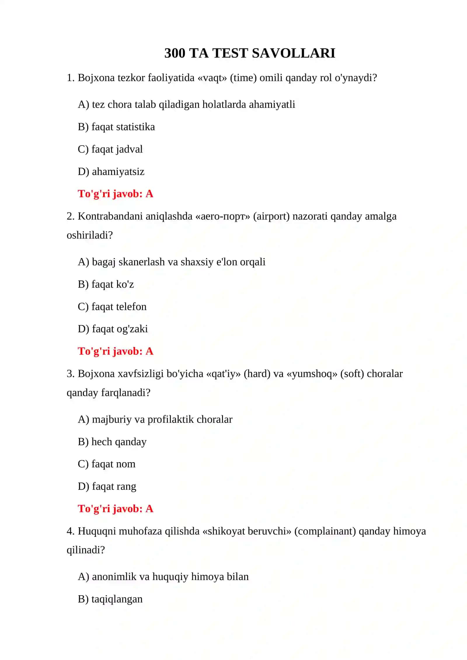 BOJXONA HUQUQBUZARLIKLARI 300 TA TEST 3