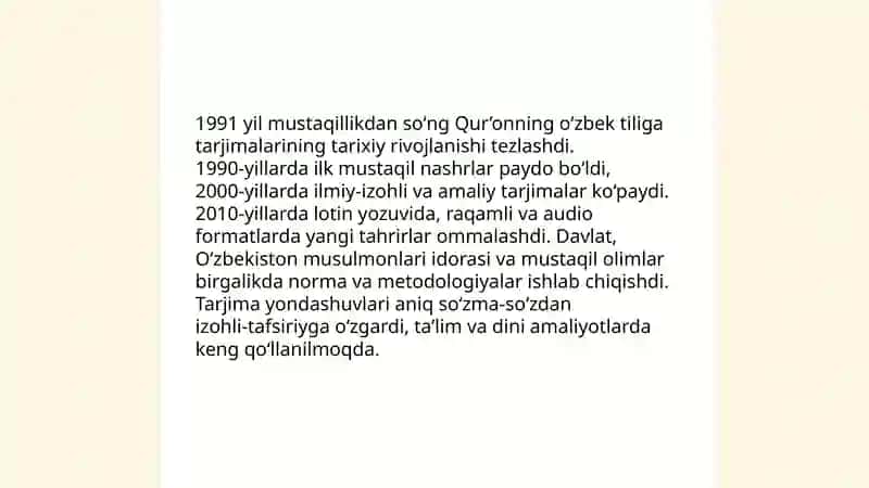 Mustaqillik yillarida Qu'ronning oʻzbek tiliga tarjima qilinishi va tasirlari 3