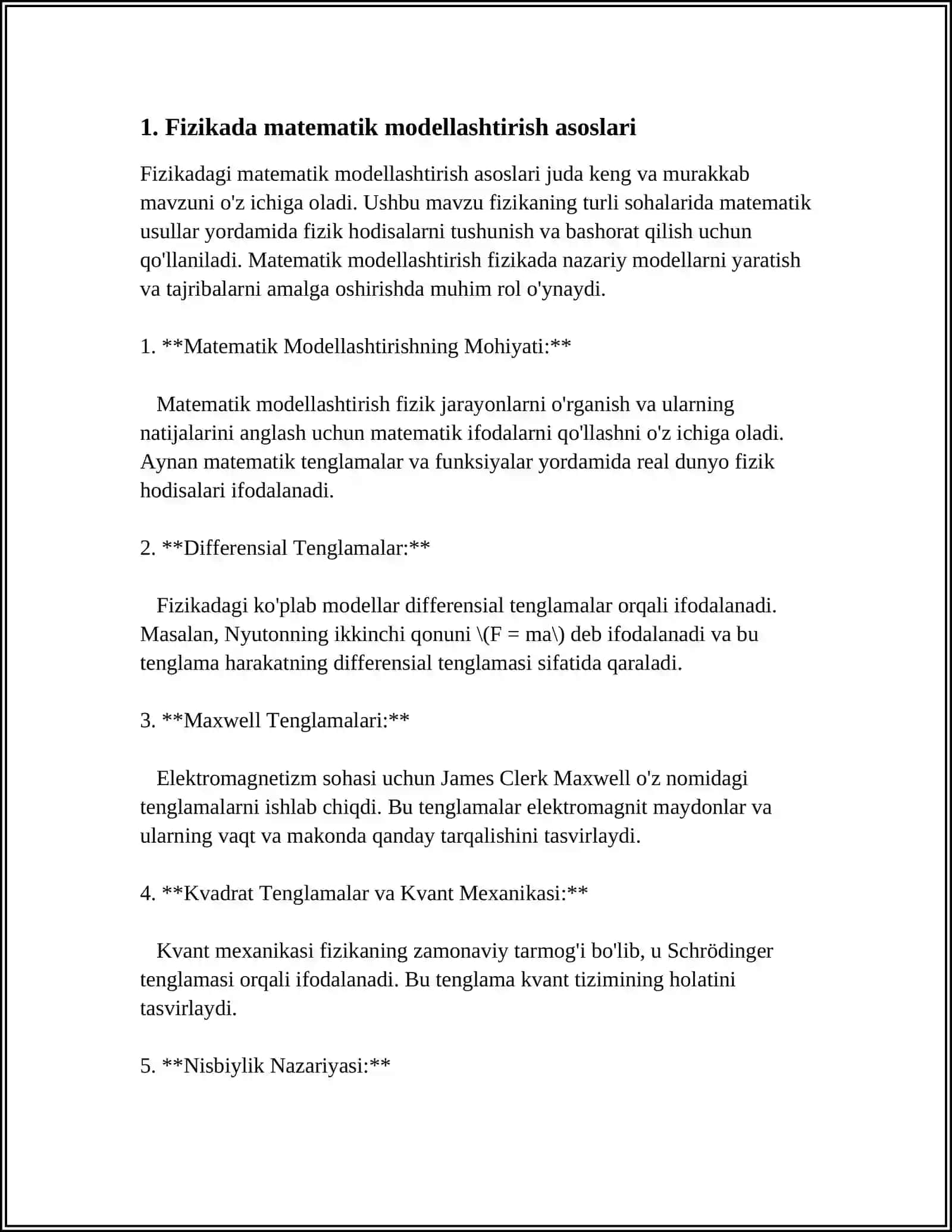 FIZIKA VA MATEMATIK MODELLASHTIRISH, OLINGAN NATIJALAR ASOSIDA PROGNOZ QILISH 3