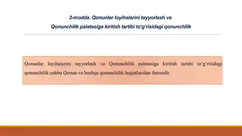 QONUNLAR LOYIHALARINI TAYYORLASH VA O‘ZBEKISTON RESPUBLIKASI OLIY MAJLISINING QONUNCHILIK PALATASIGA KIRITISH TARTIBI TO‘G‘RISIDA 3