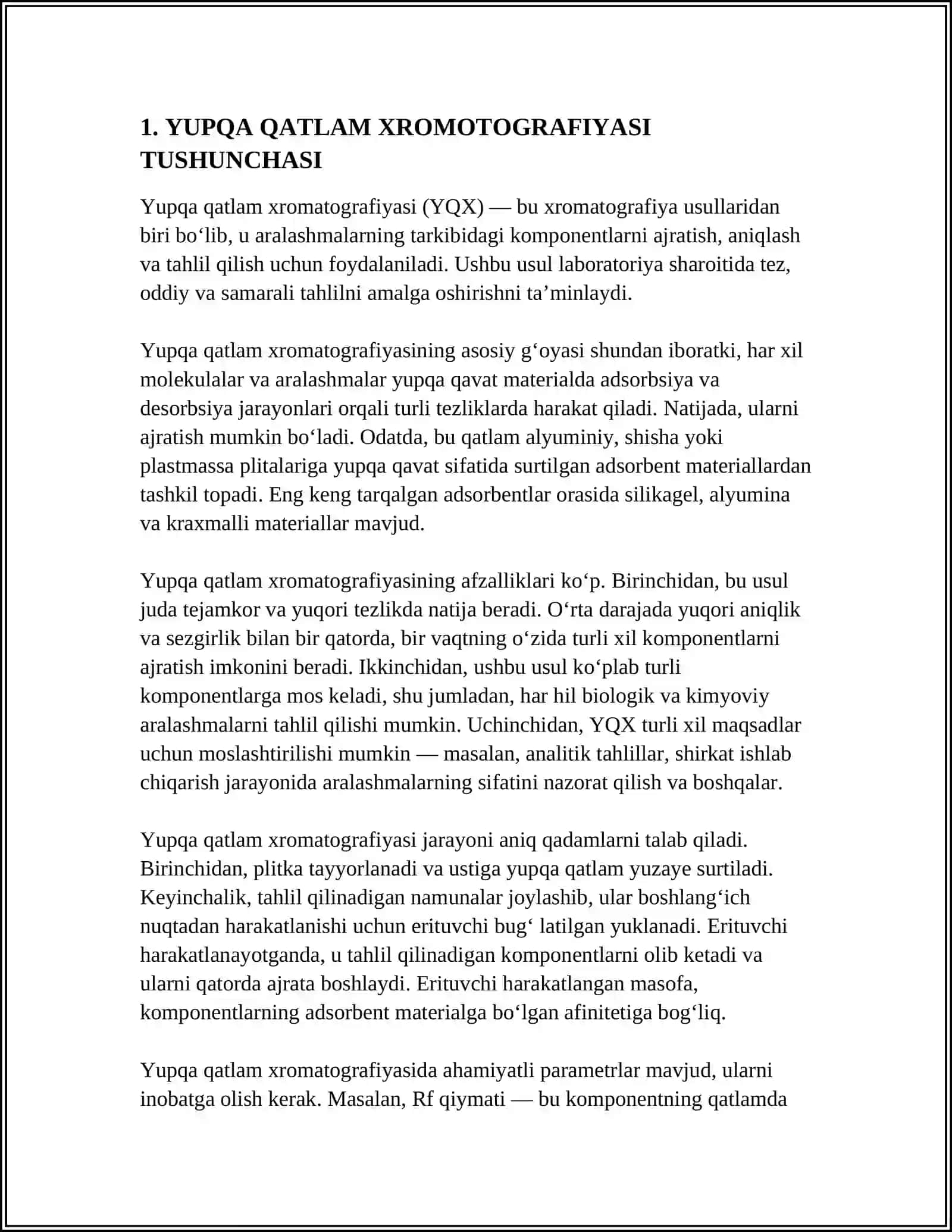 XROMOTOGRAFIK TAHLIL USULLARI YUPQA QATLAM XROMOTOGRAFIYASI VA QOG’OZ XROMOTOGRAFIYASI MAVZUSIDAN XULOSASI 3