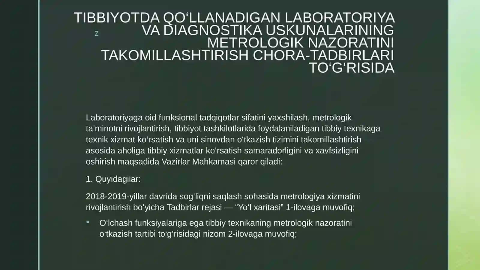 Tibbiyotda Qo‘llanadigan Laboratoriya va Diagnostika Uskunalarining Metrologik Nazoratini Takomillashtirish Chora-tadbirlari 3