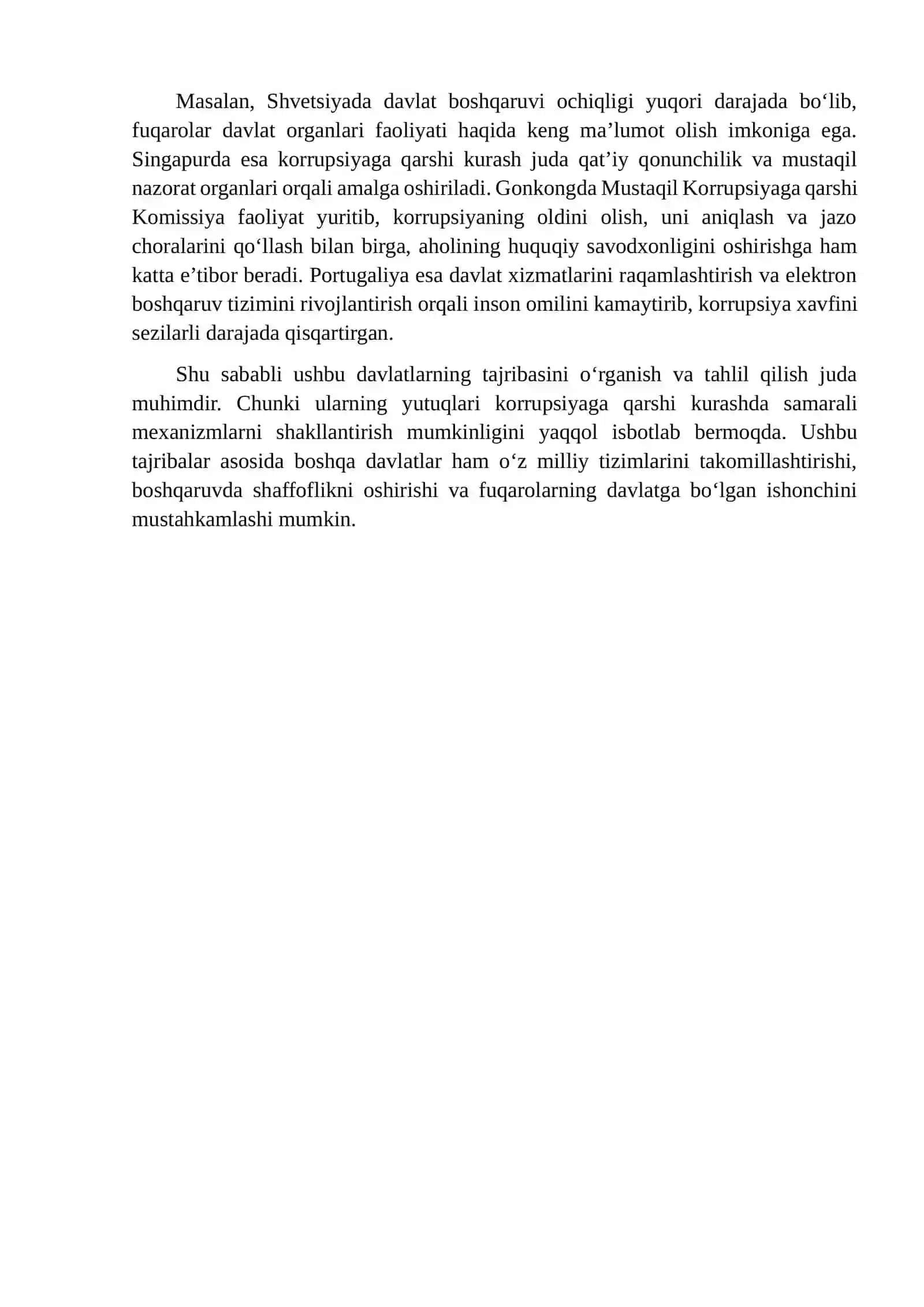 Korrupsiyaga Qarshi Kurashda Yuqori Natijalarga Erishgan Davlatlar (Shvetisiya, Singapur, Gonkong, Portugaliya) Tajribasini O'rganish va Uni Hayotga Tatbiq Etish Bo'yicha Takliflar 3