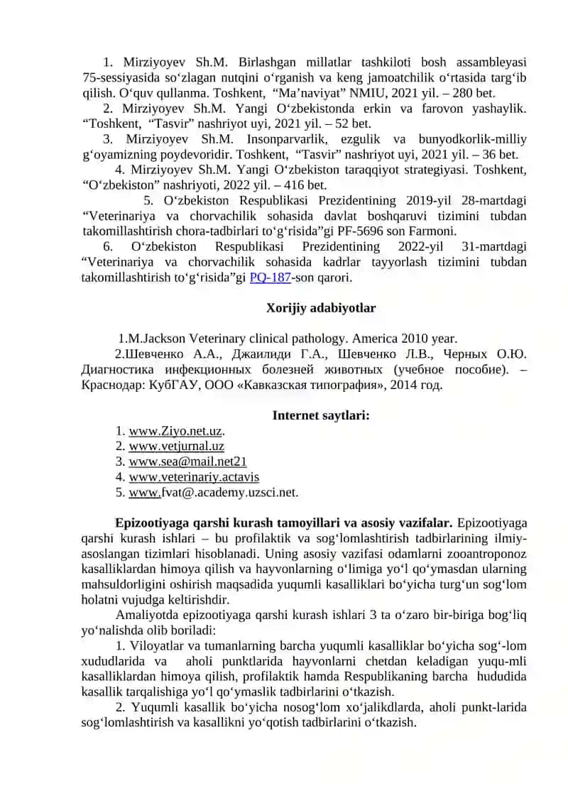 EPIZOOTIYAGA QARSHI CHORA-TADBIRLAR. VETERINARIYA SANITARIYASI 3