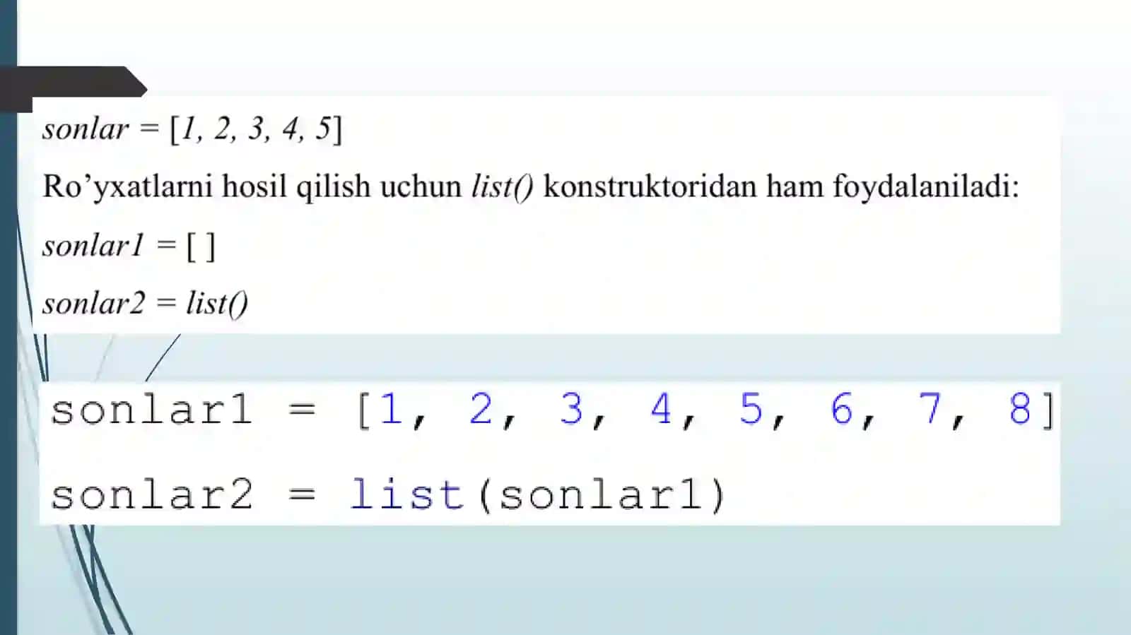 Python (Basic) Ro’yxatlar (list). 3