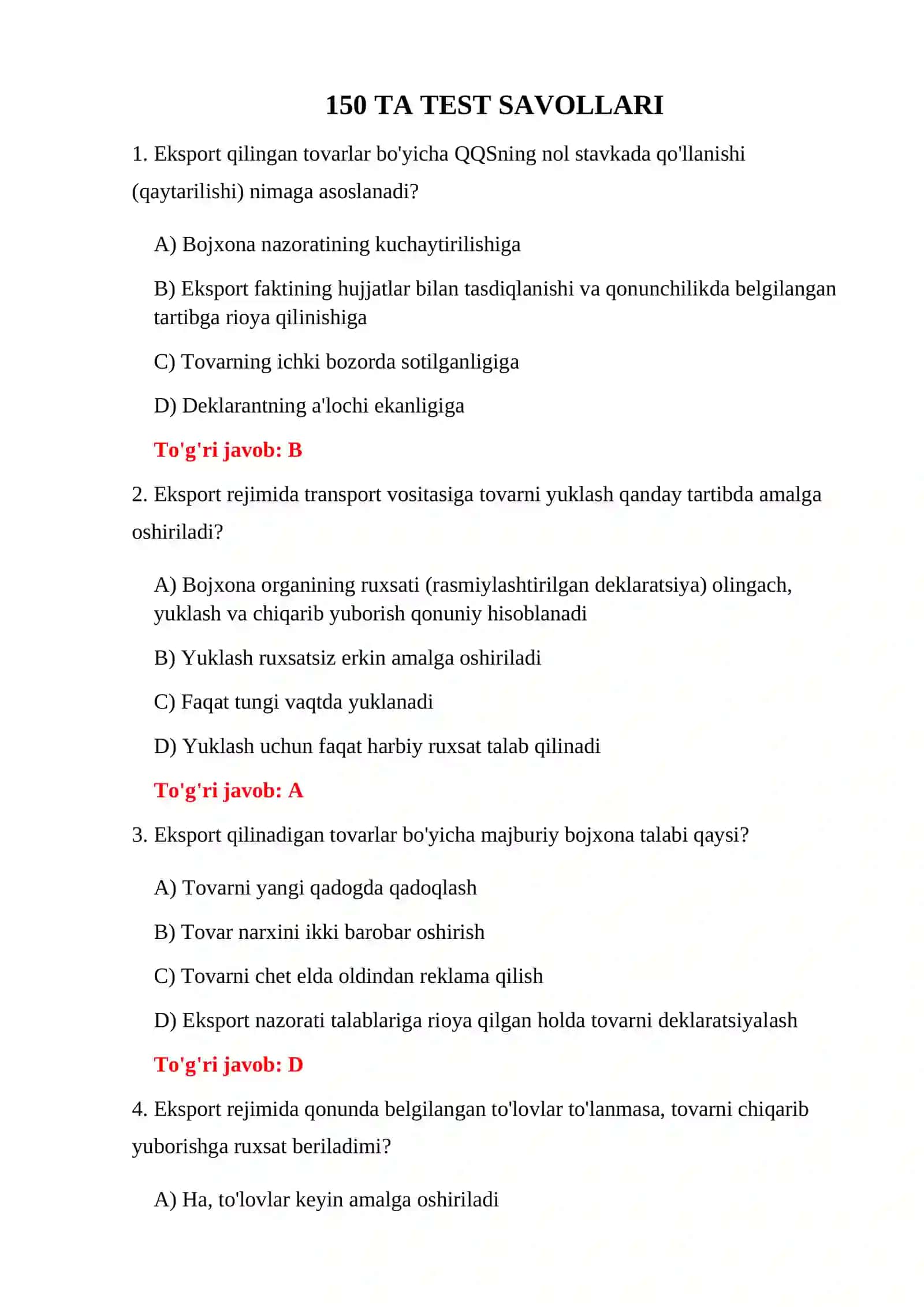 EKSPORT TARTIBI BO'YICHA TESTLAR 3