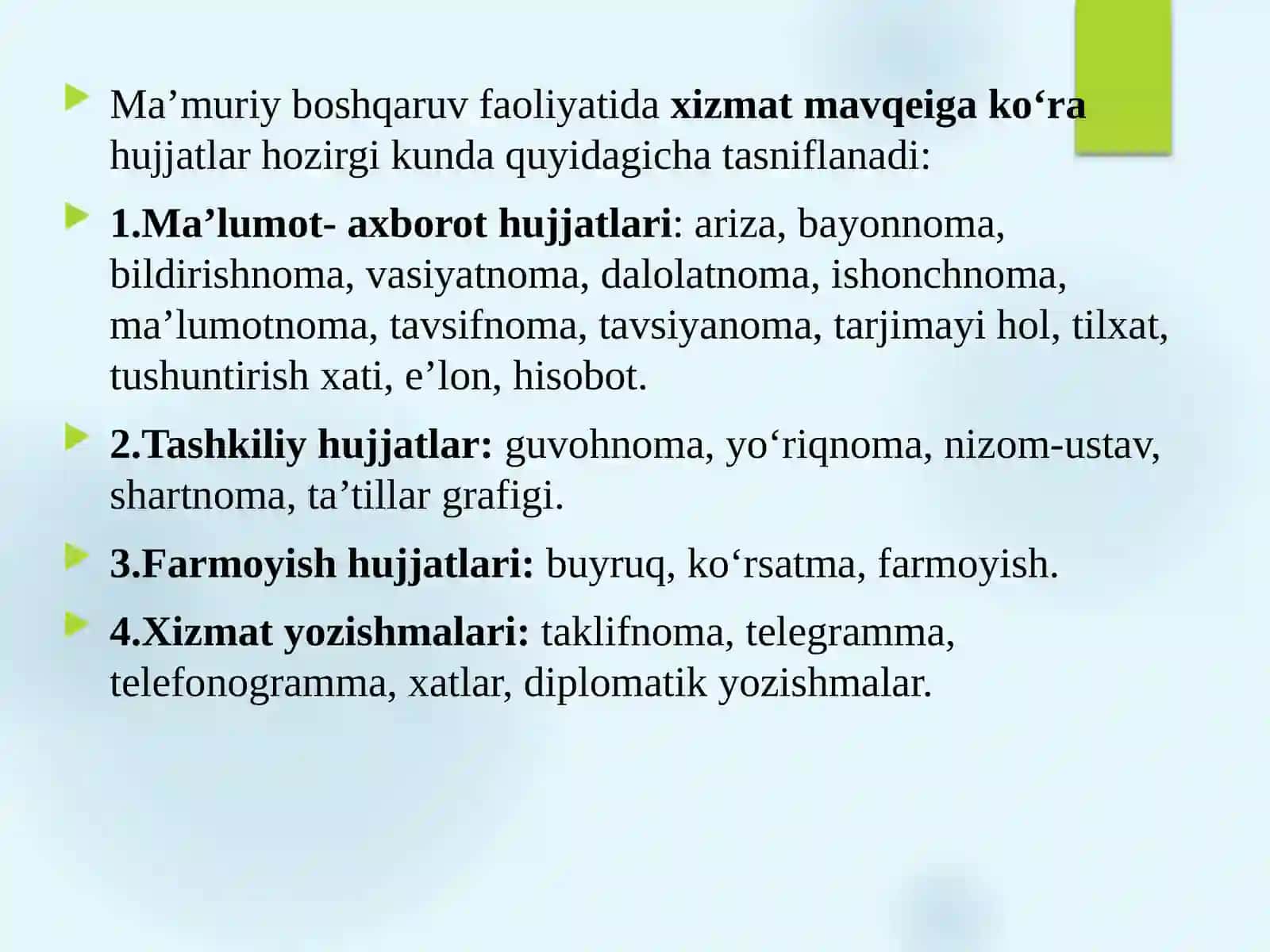 Ma’lumot-axborot hujjatlari tasnifi va ularning xususiyatlari 3