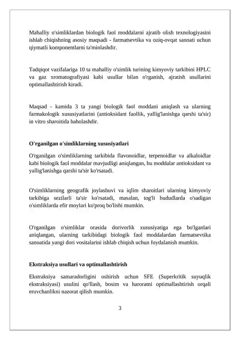 Mahalliy oʻsimliklardan biologik faol modda ajratish texnologiyasini ishlab chiqish 3