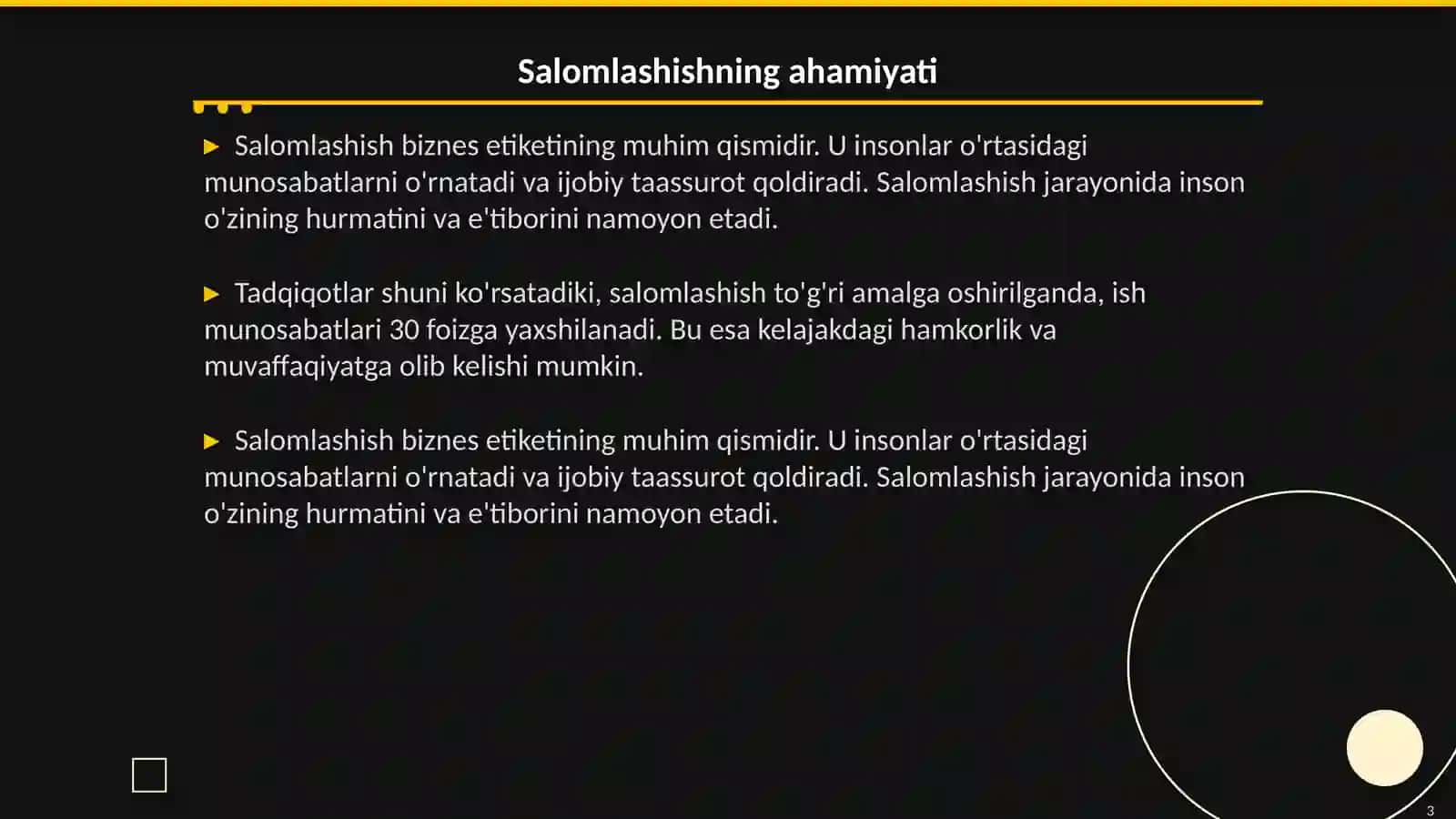 Salomlashish, tanishtirish, unvonlardan foydalanish. Biznes etiket fanidan 3