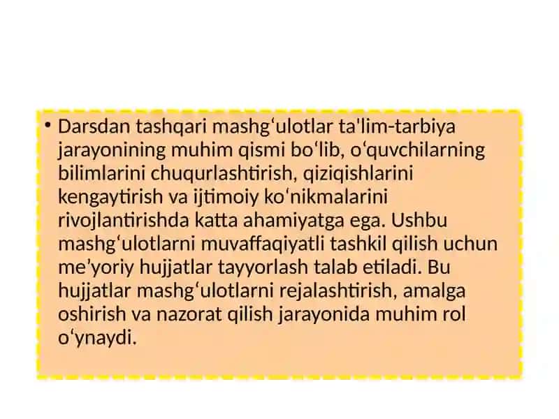 Darsdan tashqari mashgʻulotlarni oʻtkazish stsenariylari bilan tanishish 3