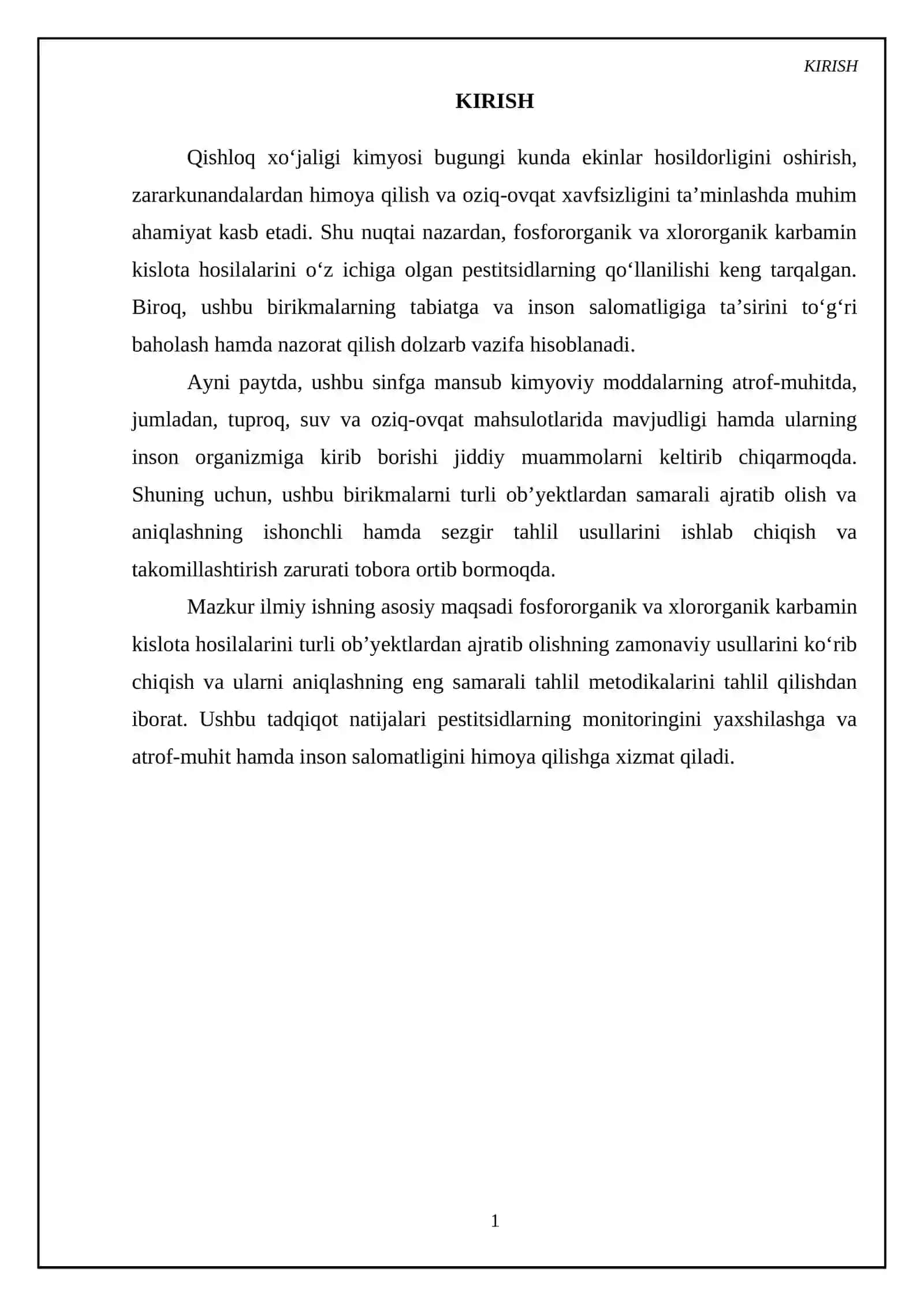 Qishloq xoʻjaligi ximikatlari Fosfororganik va Xlororganik karbamin kislota hosilalari. Ularni obʼyektdan ajratib olish va tahlil usullari 3