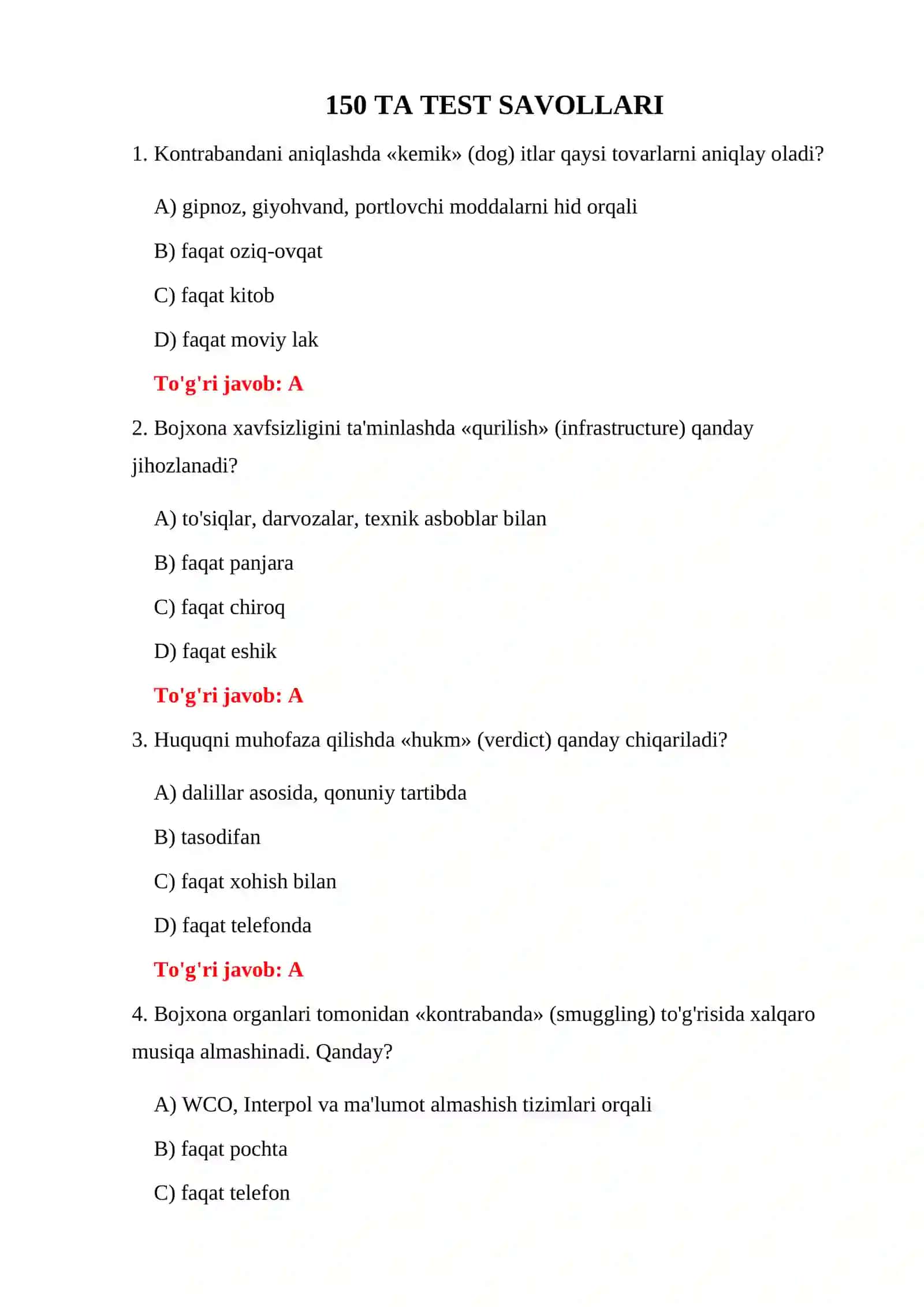 BOJXONA NAZORATI VA HUQUQBUZARLIKLAR TESTLARI 3