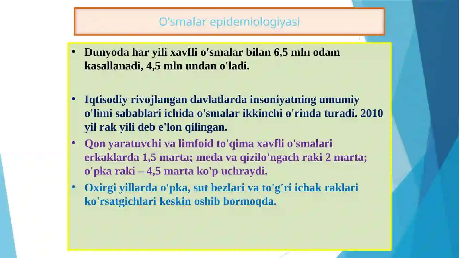 O‘sma(blastoma,neoplazma,tumor,yunonchaBLAST-kurtaklarxosilqilamanso'zlaridanolingan)-patalogikjaroyonbo‘lib,hujayralarningto‘xtovsiz,boshqaruvsiz,chegarasizko‘payishidir 3