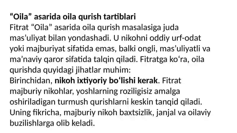 A.Fitratning “Oila asari”da oila qurish tartiblari va farzand tarbiyasi, “Raxbari najot” risolasining “Baxtsiz odamlarning ikki toifasiga” oid qarashlari bo’yicha esse tayѐrlash, videorolik tanlovini o’tkazish. 3