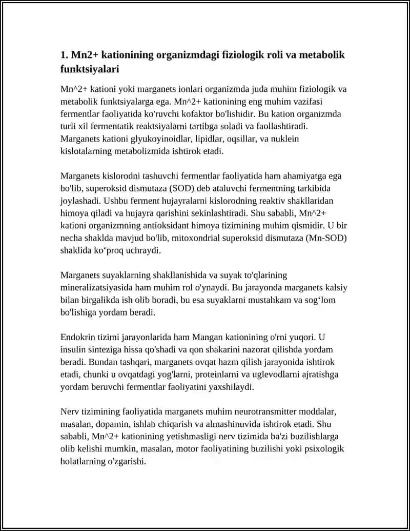MN+2 KATIONINI ORGANIZMDAGI AHAMIYATI TIBBIYOTDA QO'LLANISHI VA DORI VOSITALARINI TARKIBIDA SIFAT HAMDA MIQDORINI ANIQLASH 3