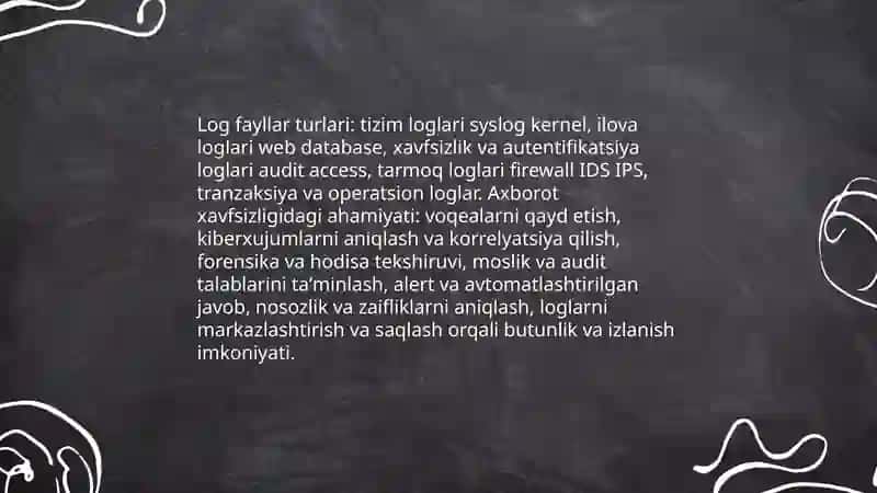 Axborot xavsizligida log fayllar va jurnallash usullari-Loglar orqali kiberxujumlarni aniklash:fail2ban,syslog,ELK stack 3
