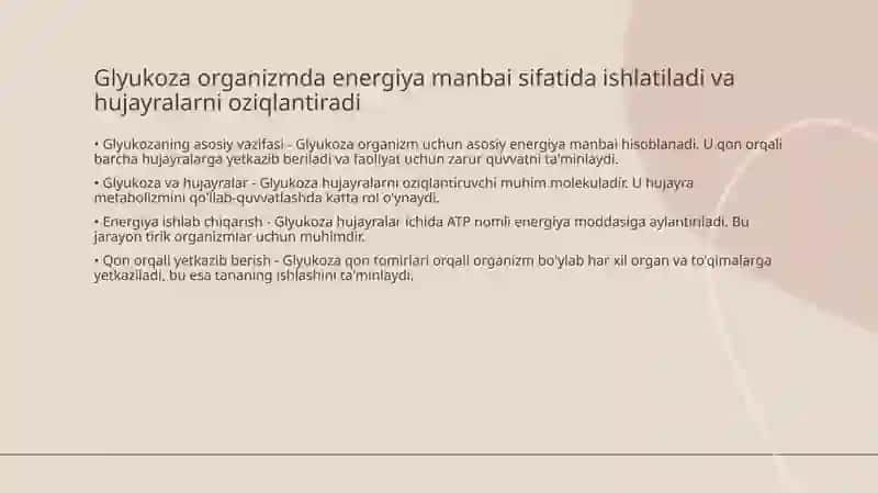 Karbonsuvlar almashinuvi va glyukozaning organizmda sarflanishi 3