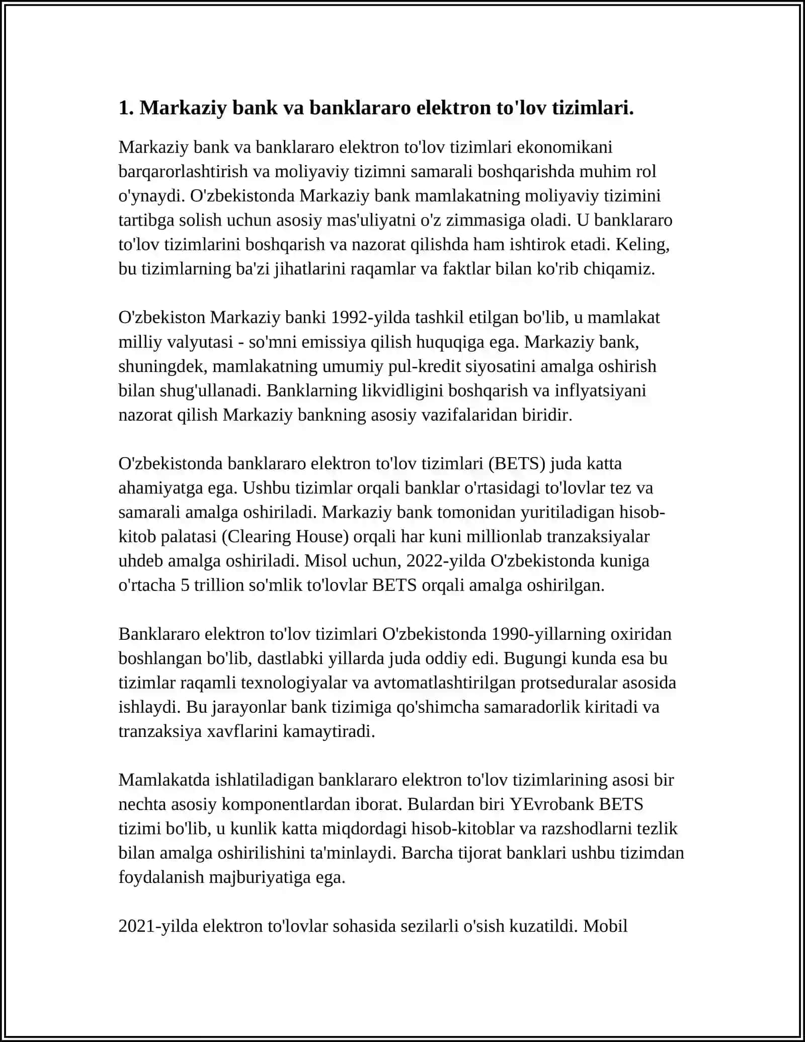 O'ZBEKISTON BANK TIZIMIDA BANKLARARO HISOB-KITOBLARNING ELEKTRON TO'LOV TIZIMI ORQALI YURITILISHI VA ULARNING HISOBI 3