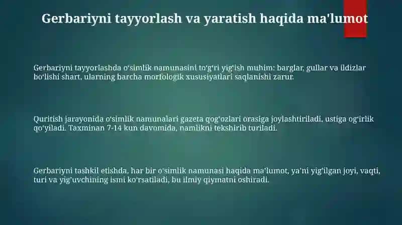 Gerbariy tayyorlash va tayyorlash usullari haqida malumot berish 3