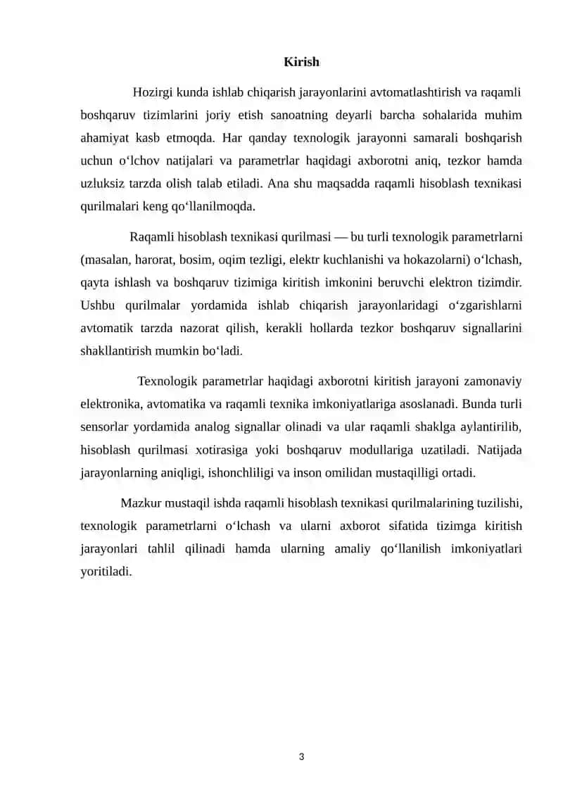 Raqamli hisoplash texnikasi qurilmasida texnologik parametrlar haqidagi axborotni kiritish 3
