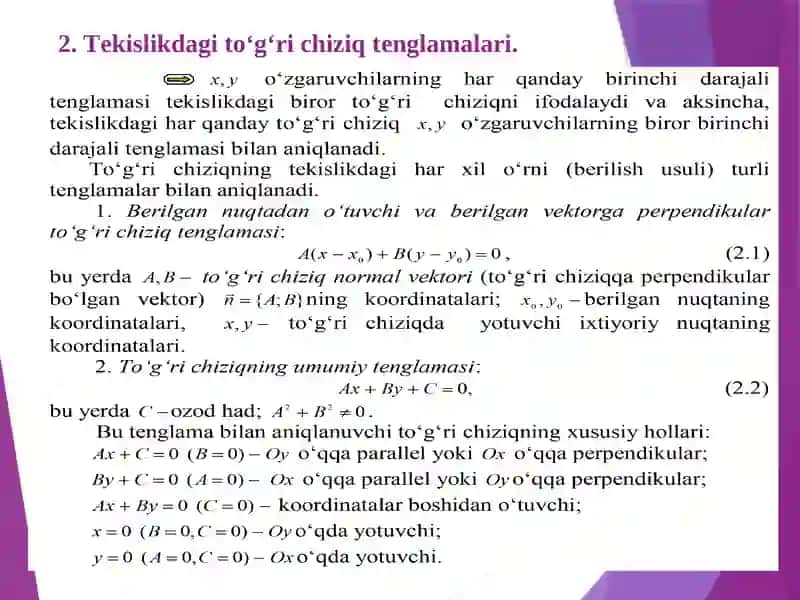 Tekislikda to‘g‘ri chiziq tenglamalari va ularning turlari. 3