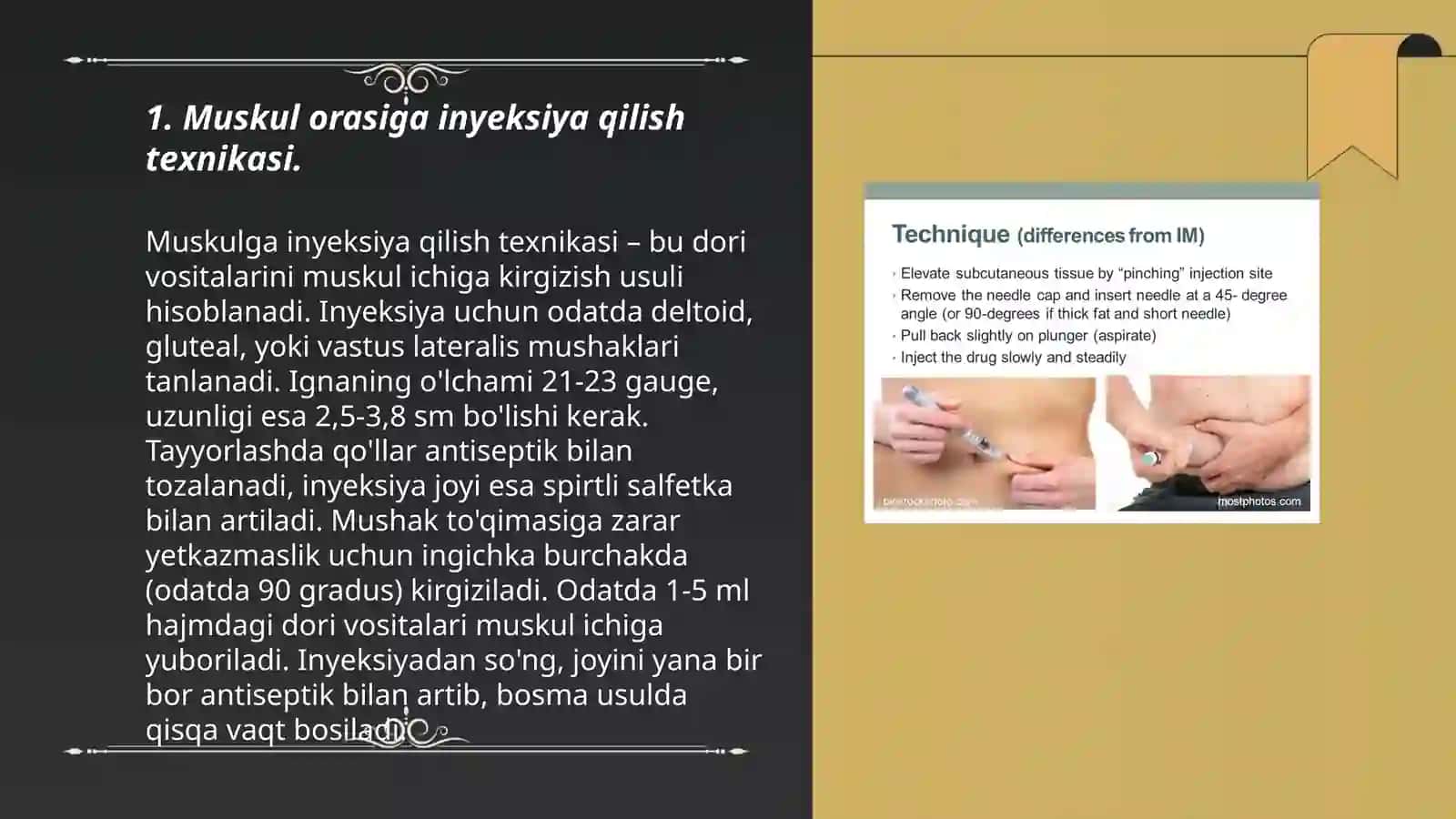 Muskul orasiga va Teri ostiga inyeksiya qilish texnikasi 3