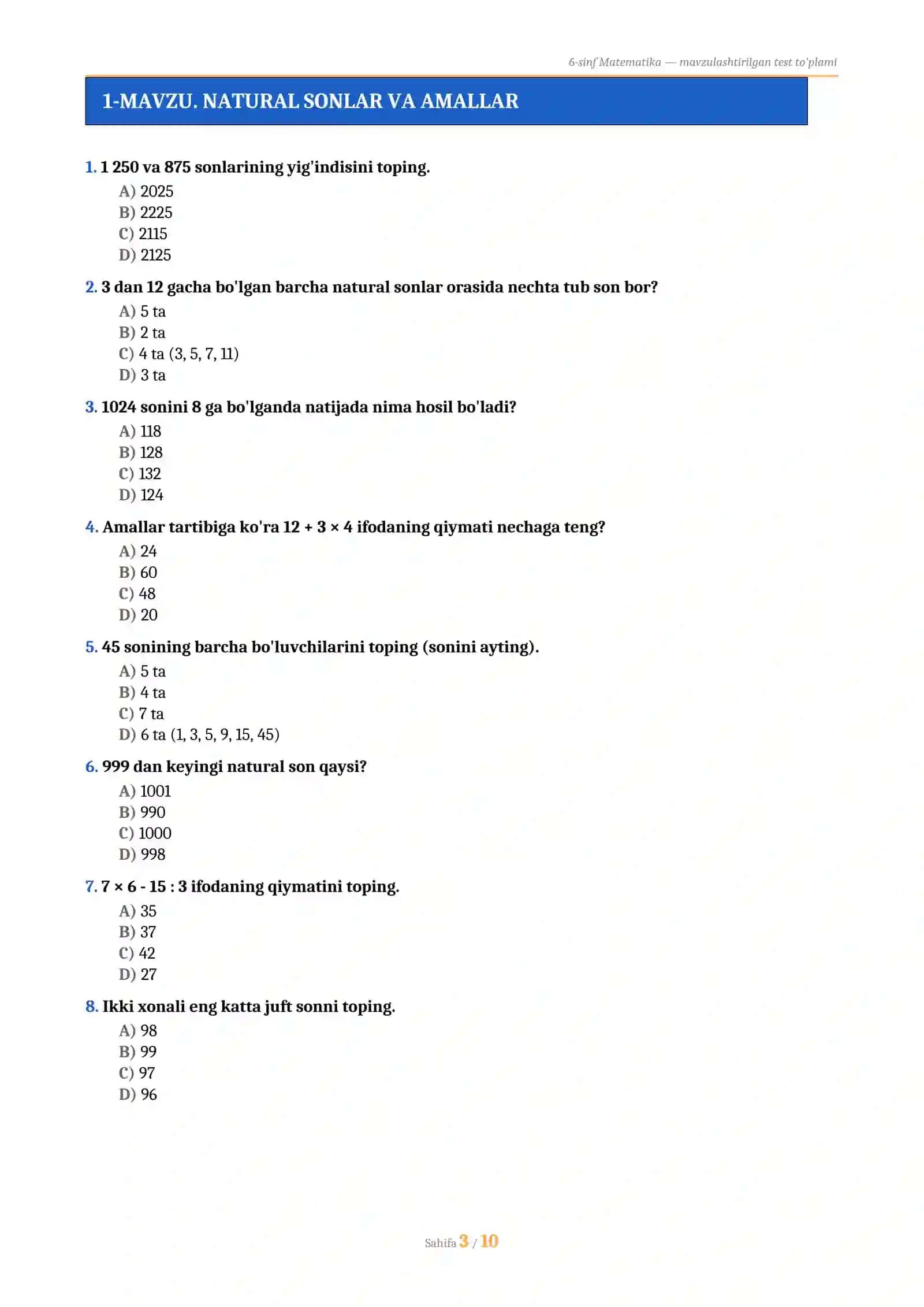 6-SINF MATEMATIKA — MAVZULASHTIRILGAN TEST TO'PLAMI 2026 (56 ta savol, javoblari bilan) 3