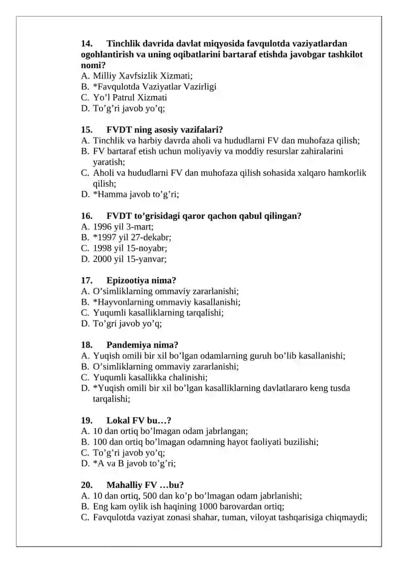 FAVQULOTDA HOLATLAR MEDITSINASI FANIDAT TEST 3