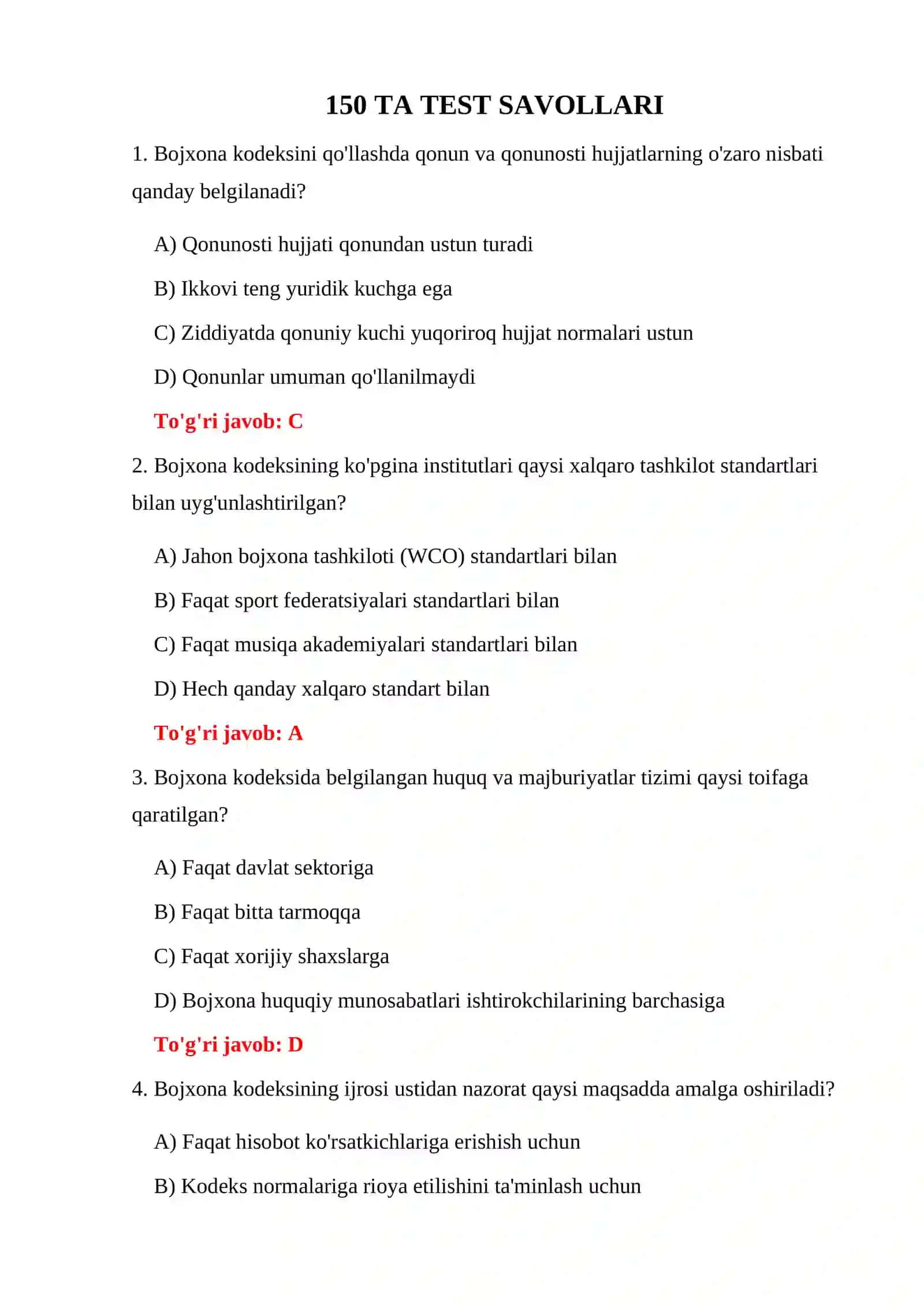BOJXONA KODEKSI BO'YICHA SAVOL-JAVOBLAR 3