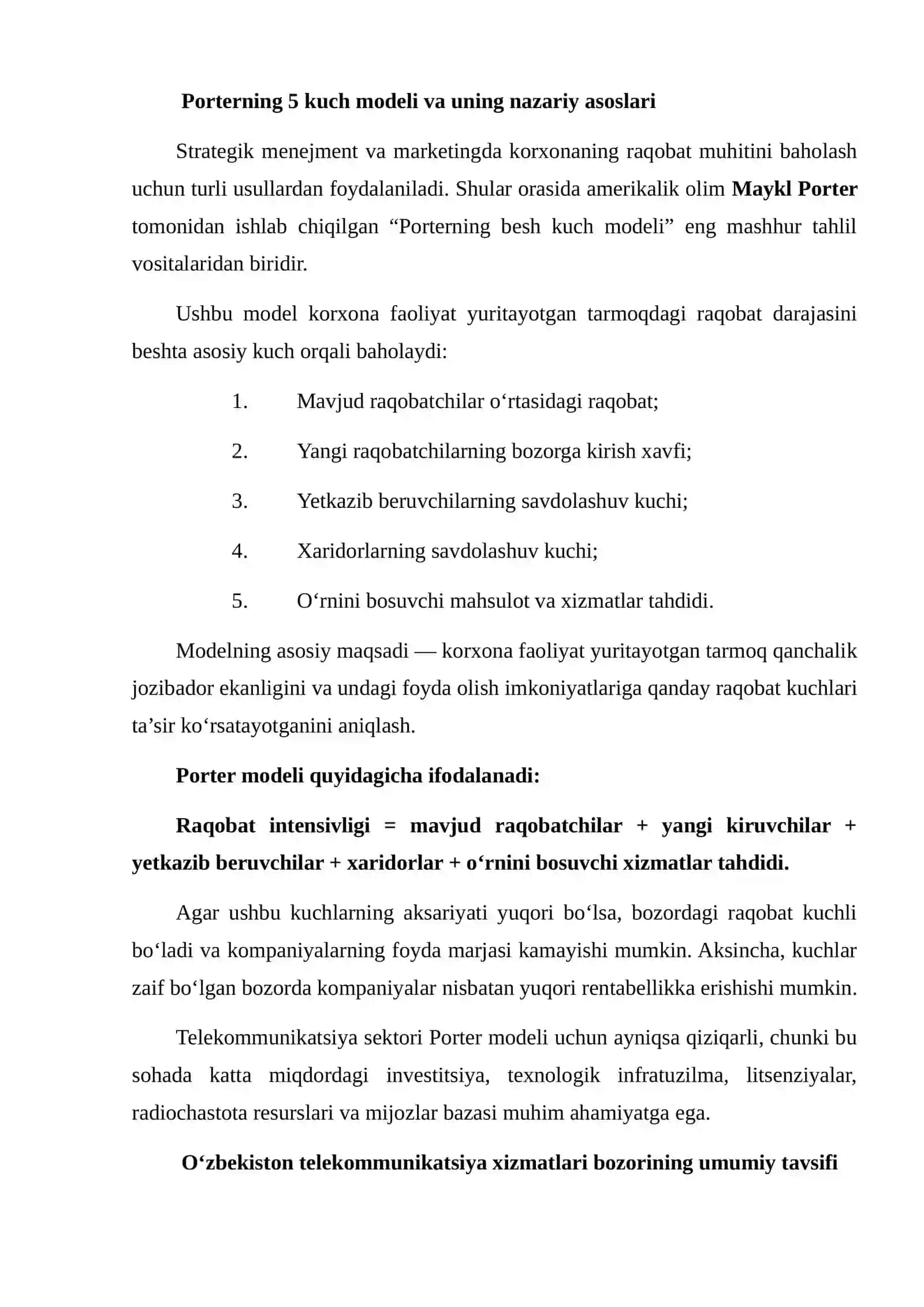 Telekommunikatsiya Bozorining Raqobat Intensivligini Aniqlash 3