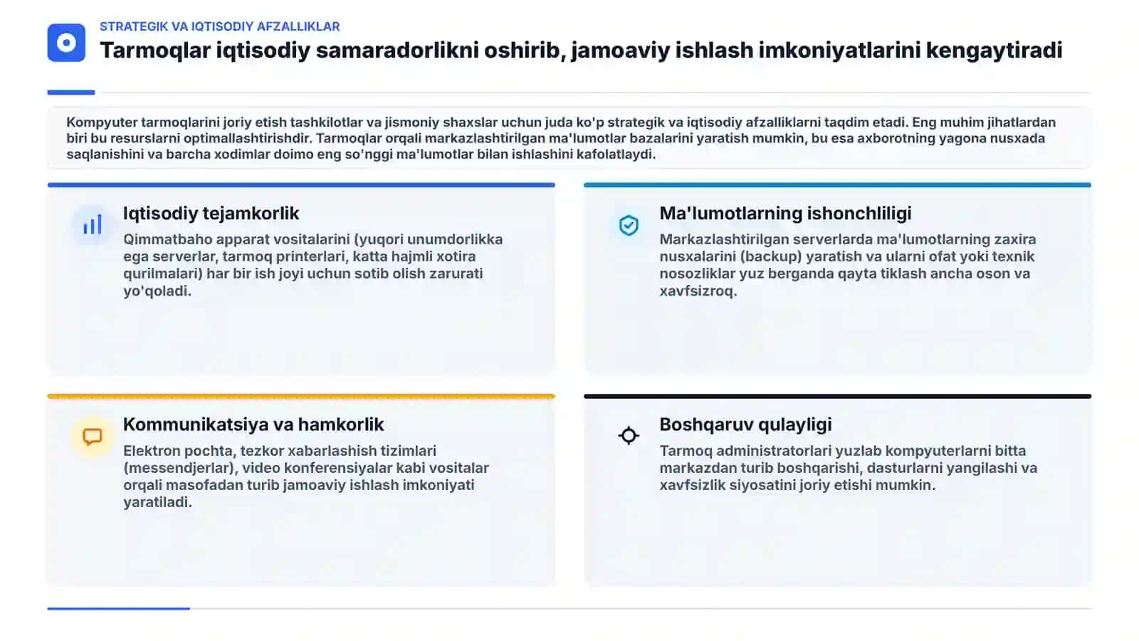 Kompyuter tarmoqlari: Asosiy tushunchalar va turlari. Zamonaviy axborot texnologiyalari olamiga chuqur kirish. Tarmoq topologiyalari(LAN, MAN, WAN) 3