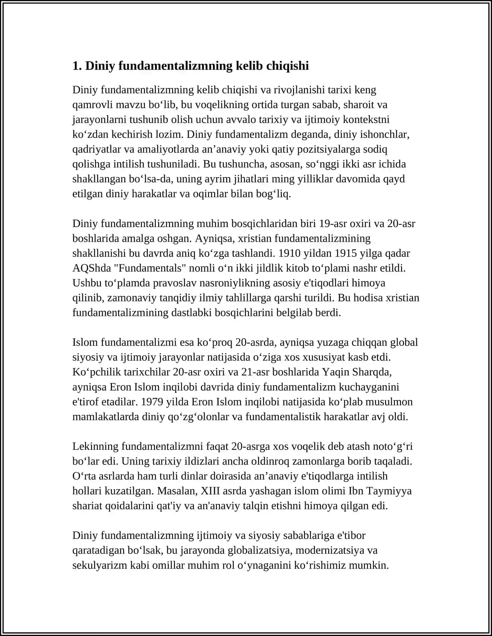 Diniy fundamentalizm, radikalizm va terrorizimning tarxi va yo'lqinishtan 3