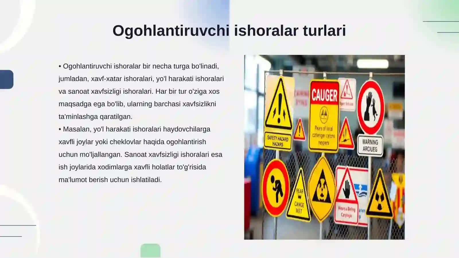 Ogohlantiruvchi va avarya (havf-xatar) ishoralari 3