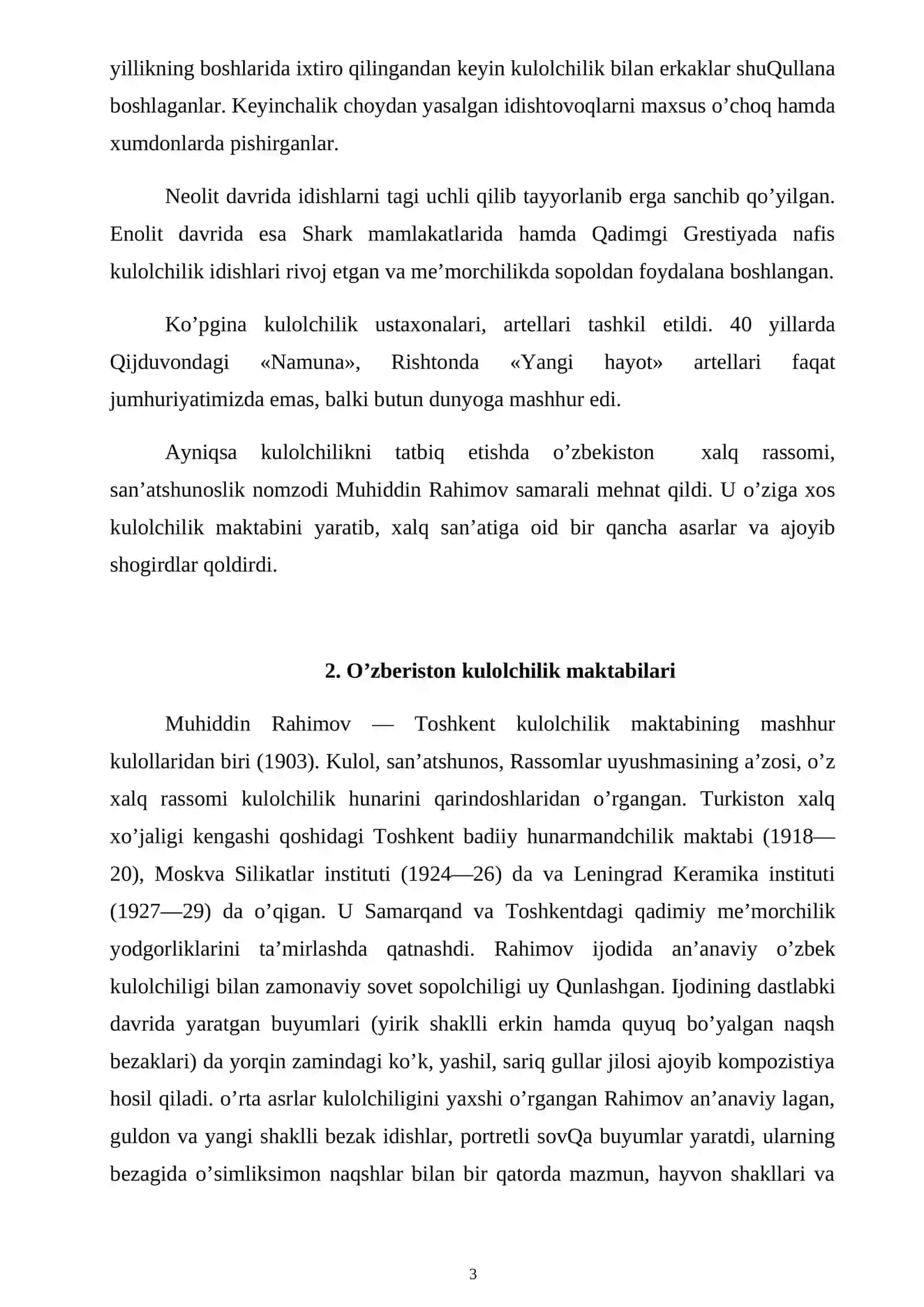 Kulolchilik san’ati tarixi. Mustaqil ish 3