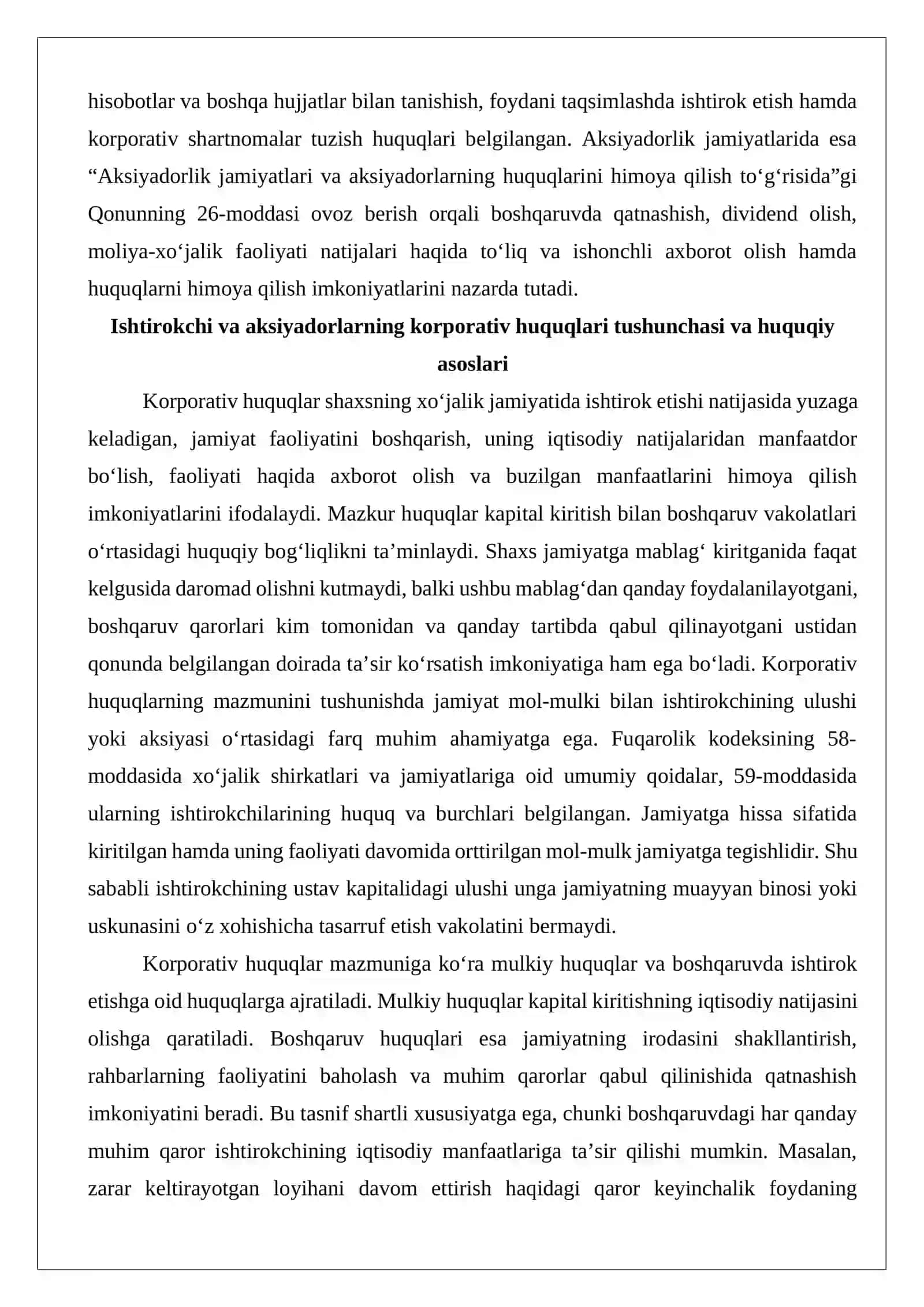 Ishtirokchi va aksiyadorlarning korporativ huquqlari ovoz berish, axborot olish, daromad olish va ozchilik ishtirokchilar manfaatlari..docx 3