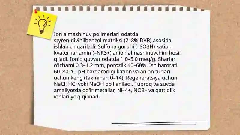 tuproq va suvdagi ion boglanish boglanishli birikmalar va ularni tozalash usallari ishlab chiqarish 3
