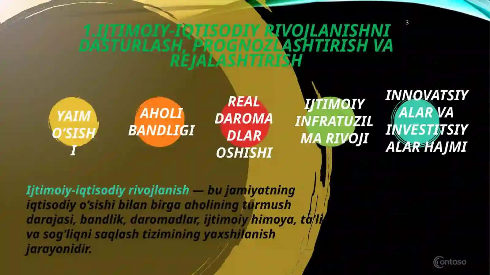 Ijtimoiy-iqtisodiy rivojlanishni dasturlash, prognozlashtirish va rejalashtirish. Davlatning iqtisodiyotda xususiy tarmoq va tadbirkorlikni qo‘llab-quvvatlash siyosati. Iqtisodiyotda monopolizmga qarshi siyosat va raqobatni rivojlantirish. Davlatning mintaqaviy siyosati va hududlar rivojlanishining istiqbollari. 3