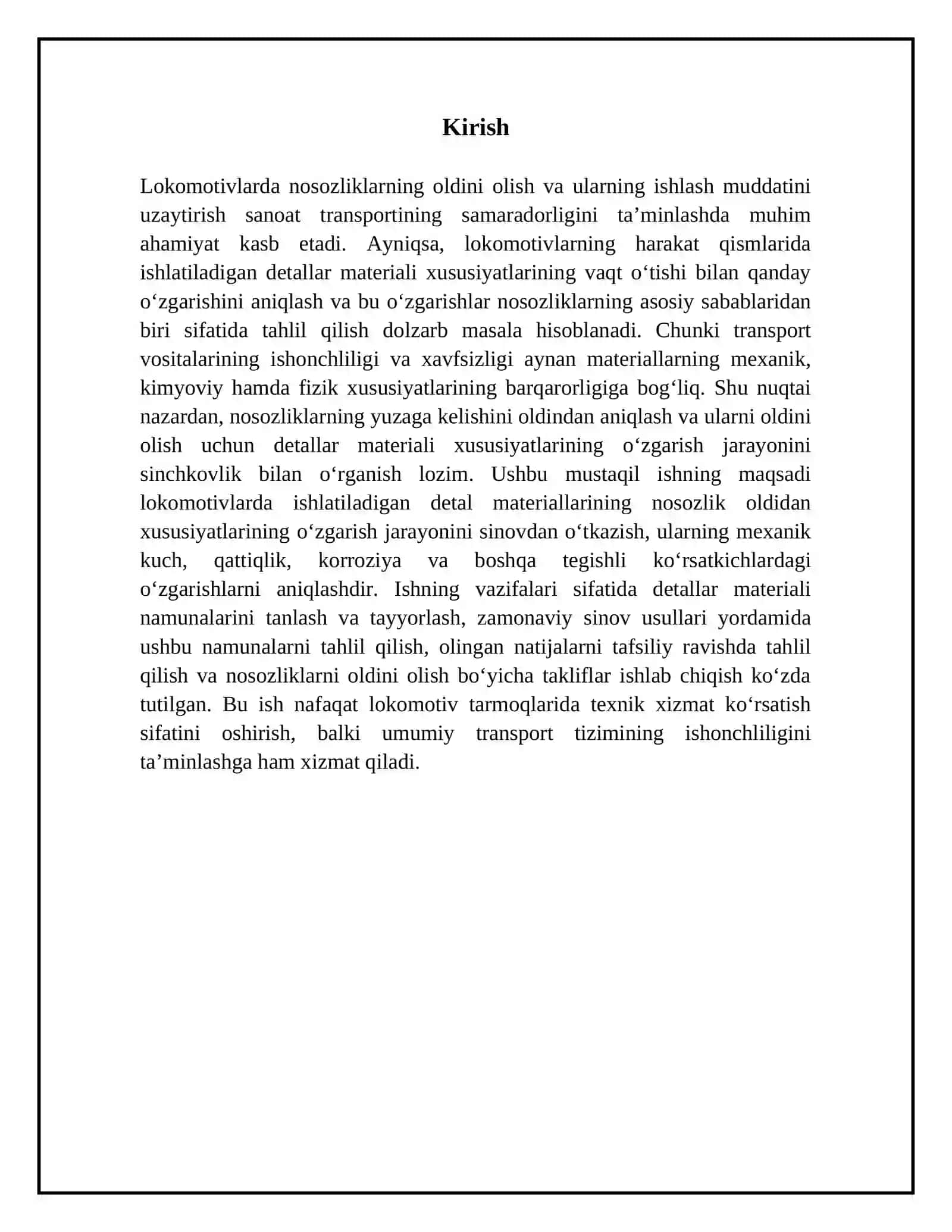 Lokomotivlarda nosozlik paydo bo'lishidan oldin detallar materiallarining xususiyatlarini o'zgarish jarayonini sinflash 3