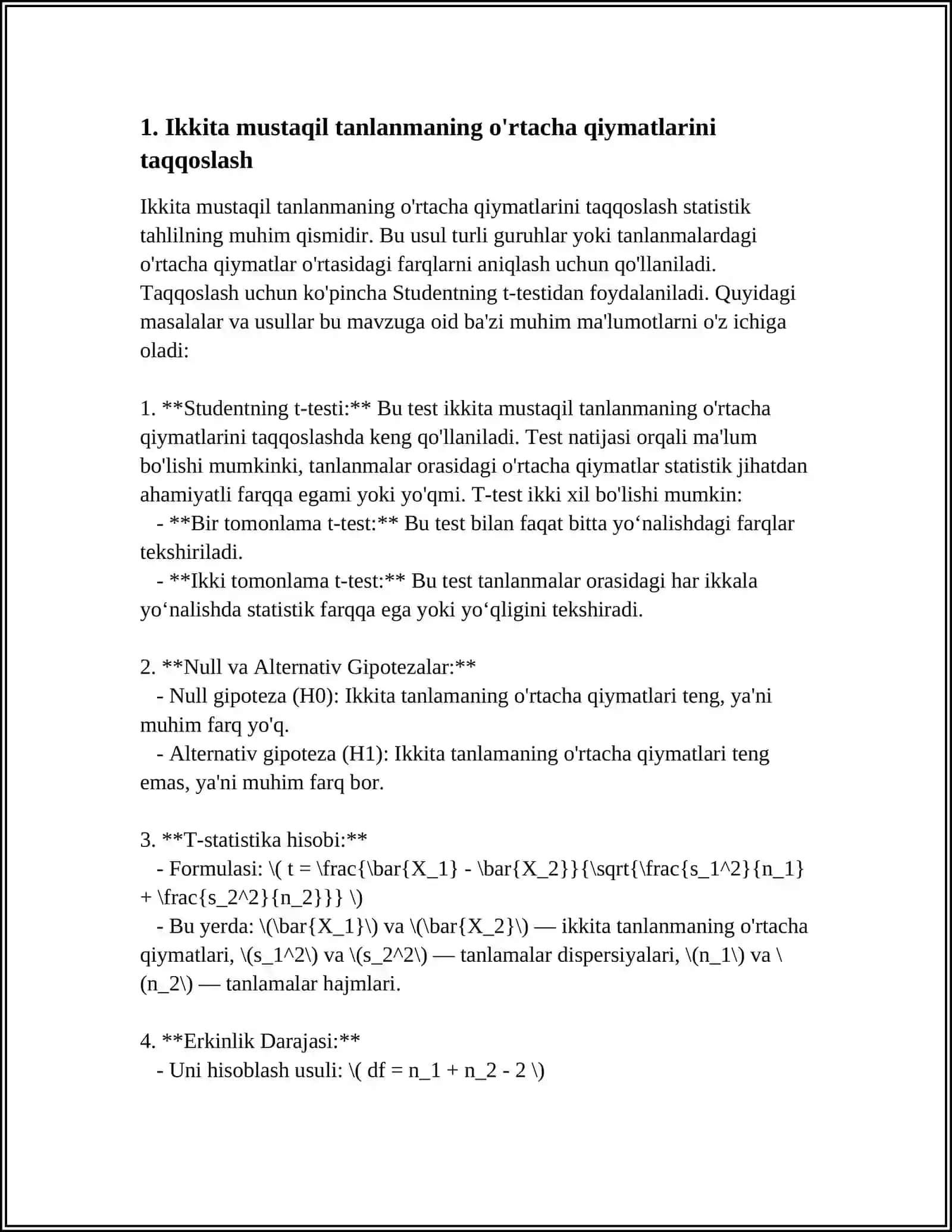 IKKI KO'PLIKNI TAQQOSLASH. STUDENT VA FISHER MEZONLARI. NOPARAMETRIK METODLAR 3