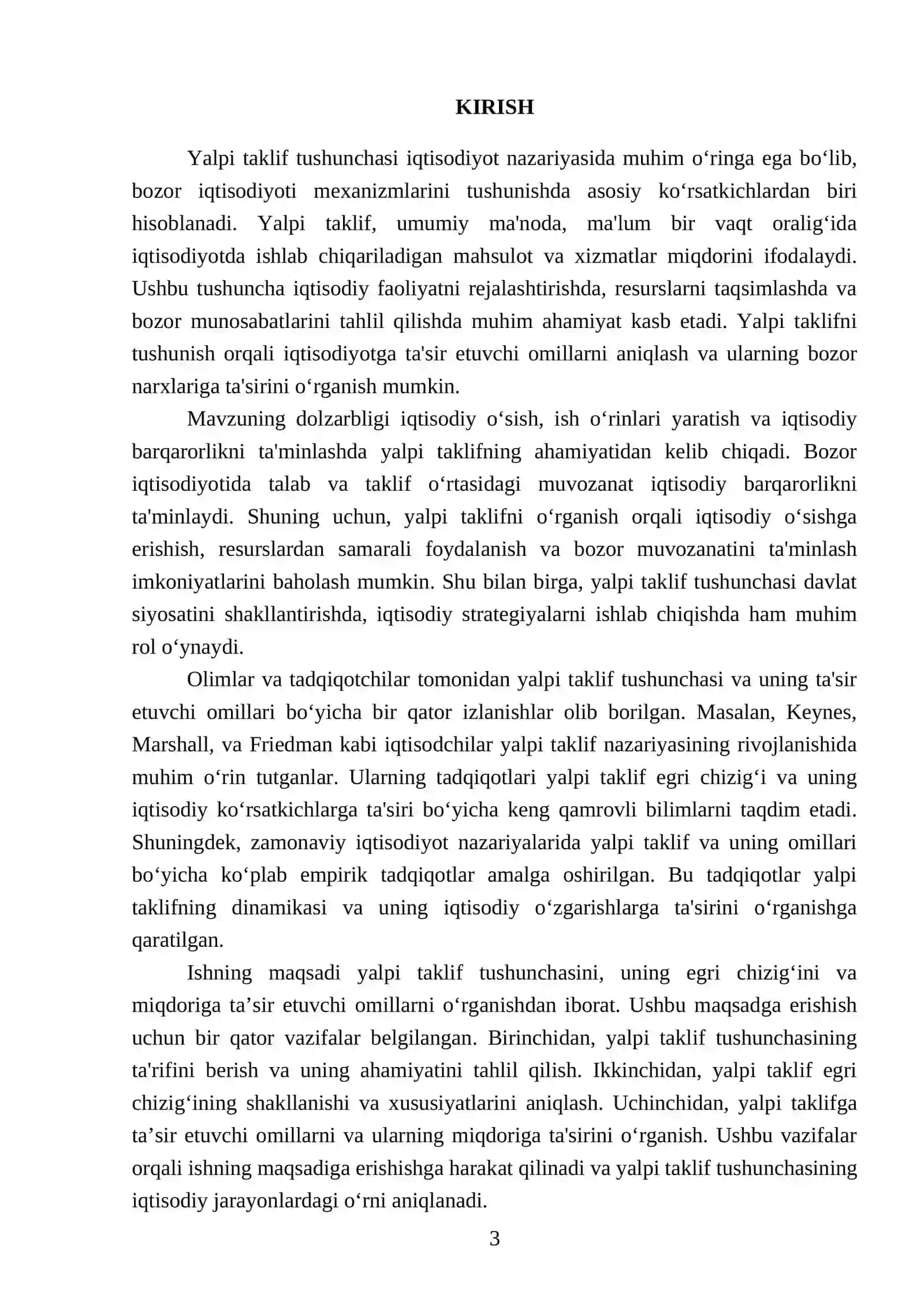 Yalpi taklif tushunchasi, yalpi taklif egri chizig‘i va uning miqdoriga ta’sir etuvchi omillar 3
