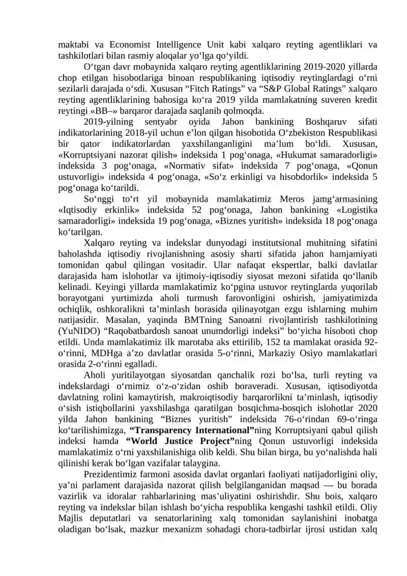 Yangi O‘zbekiston ijtimoiy-siyosiy, iqtisodiy va madaniy hayotida roʻy berayotgan oʻzgarishlarning xalqaro reyting va indekslarda aks etishi 3