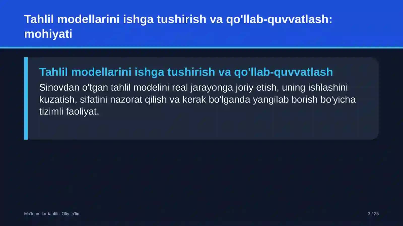 Loyiha institutlarida tahlil modellarini ishga tushirish va qo'llab-quvvatlash 3