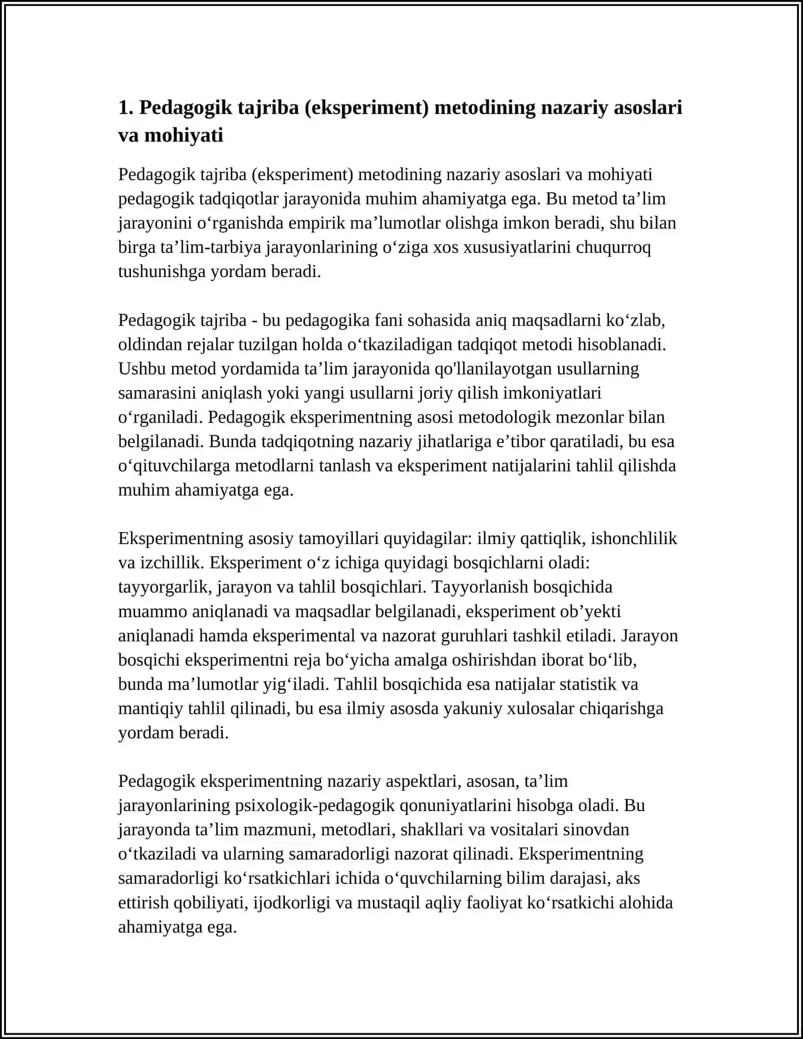 PEDAGOGIK TAJRIBA (EKSPERIMENT) METODI VA UNI TASHKIL ETISH BOSQICHLARI 3