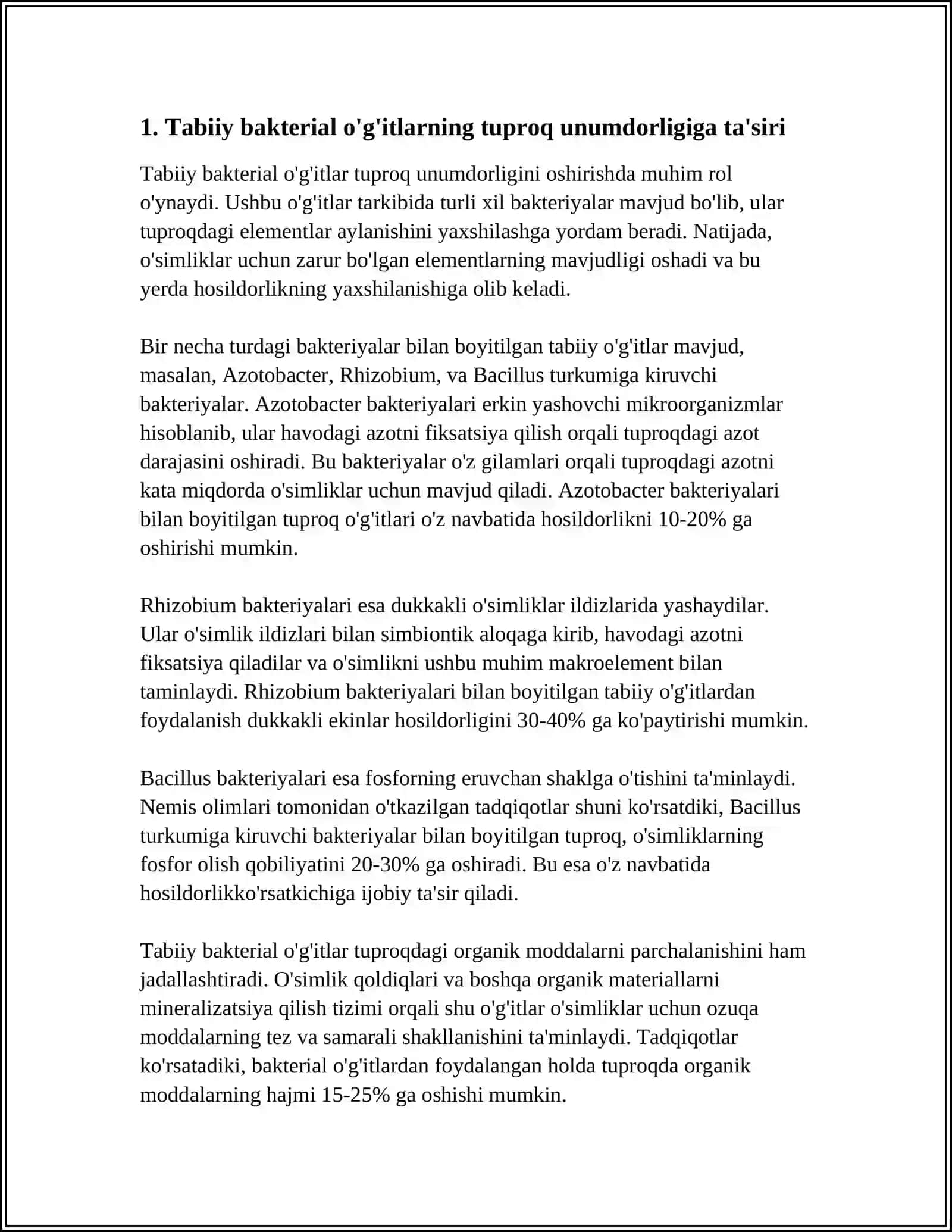 TUPROQ UNUMDORLIGINI OSHIRISHDA BAKTERIOLOGIK O'G'ITLARNI QO'LLASH HAMDA MAZKUR O'G'ITLARNI MADANIY O'SIMLIKLARNI BIONAZORAT QILISHDAGI O'RNI BO'YICHA OLIB BORILGAN ISHLARNI TAXLIL QILISH 3